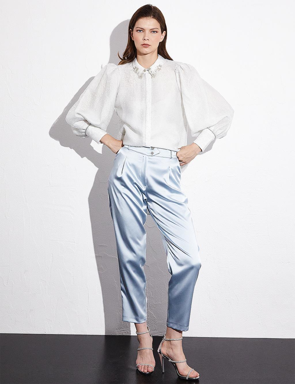 Koton Pantaloni Donna A Vita Alta Modello Carota Con Pieghe - Tessuto Argentato, Taglia 36
