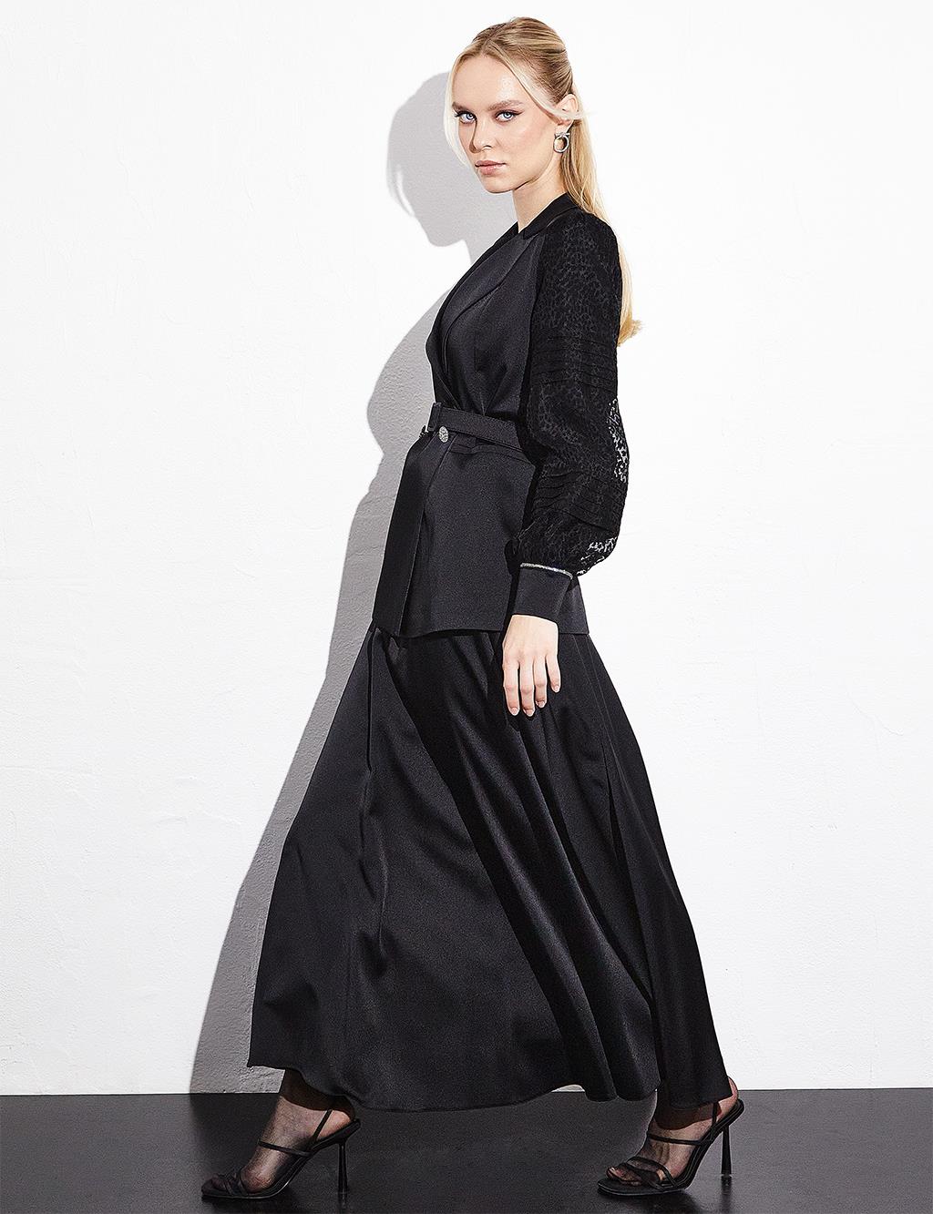 Satin Organza Garnished Skirt Double Suit Black