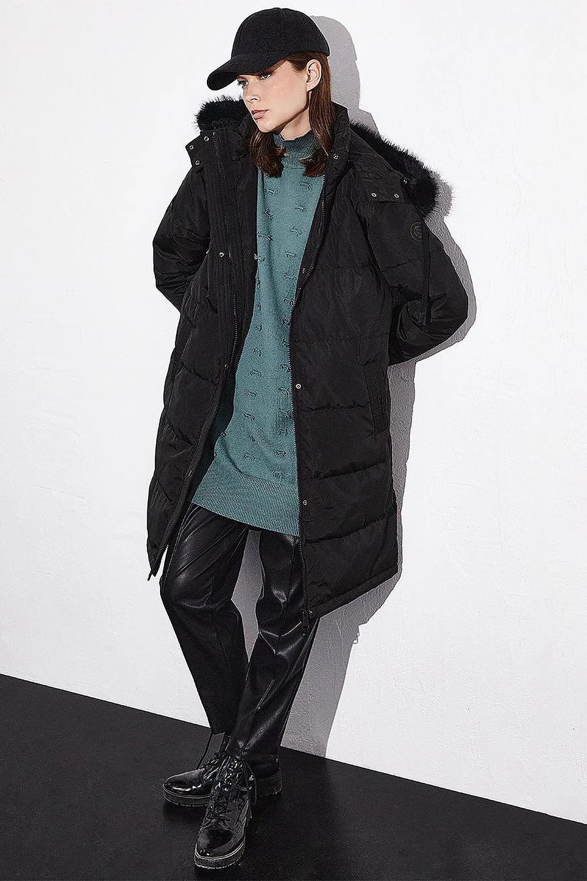 Quilted Stand Collar Hooded Fur Coat Black