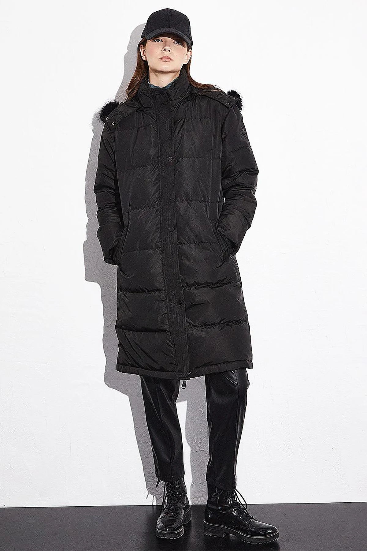 Quilted Stand Collar Hooded Fur Coat Black