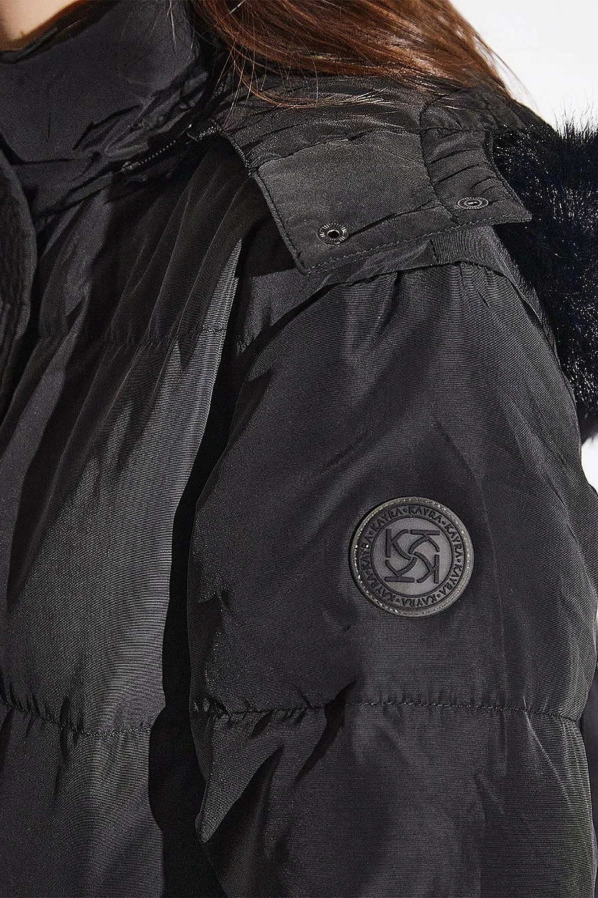 Quilted Stand Collar Hooded Fur Coat Black
