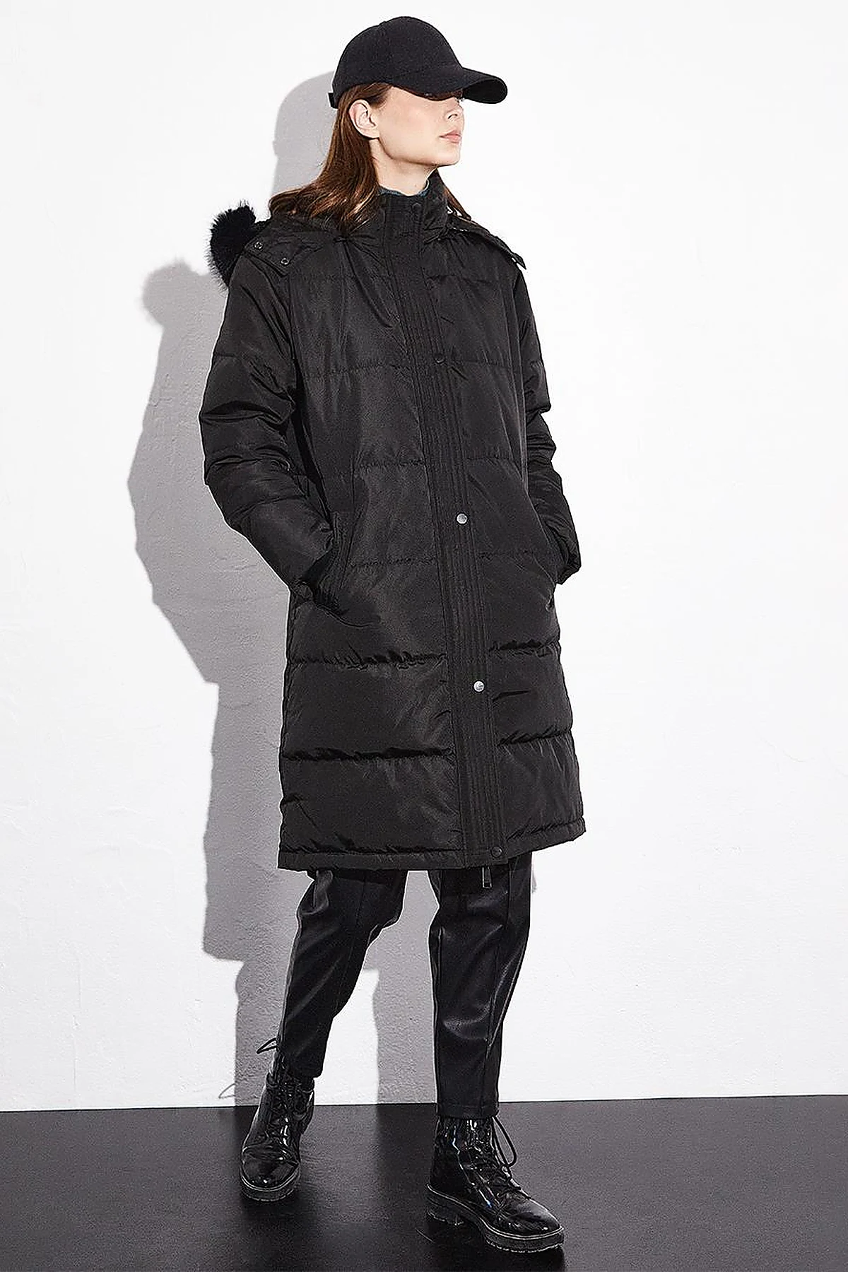Quilted Stand Collar Hooded Fur Coat Black