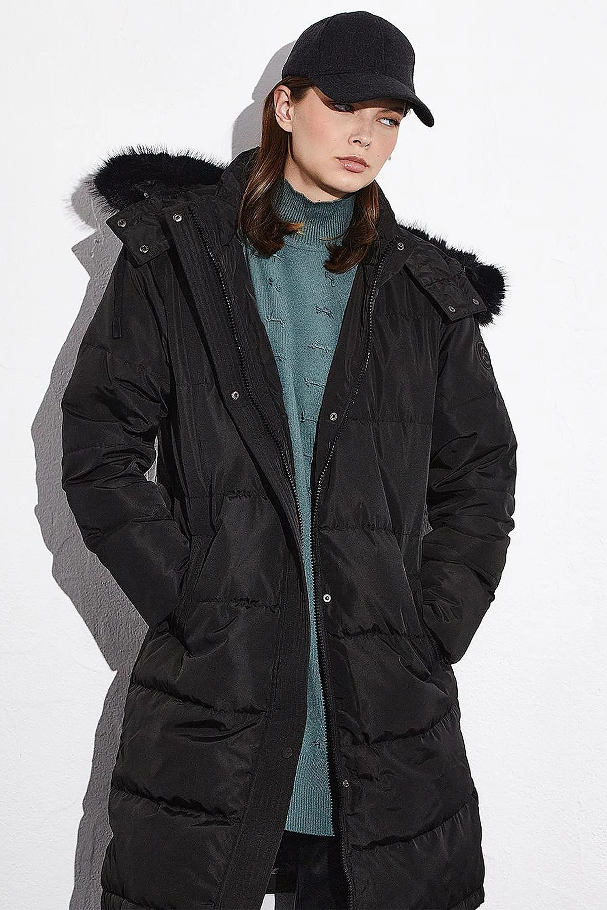 Quilted Stand Collar Hooded Fur Coat Black