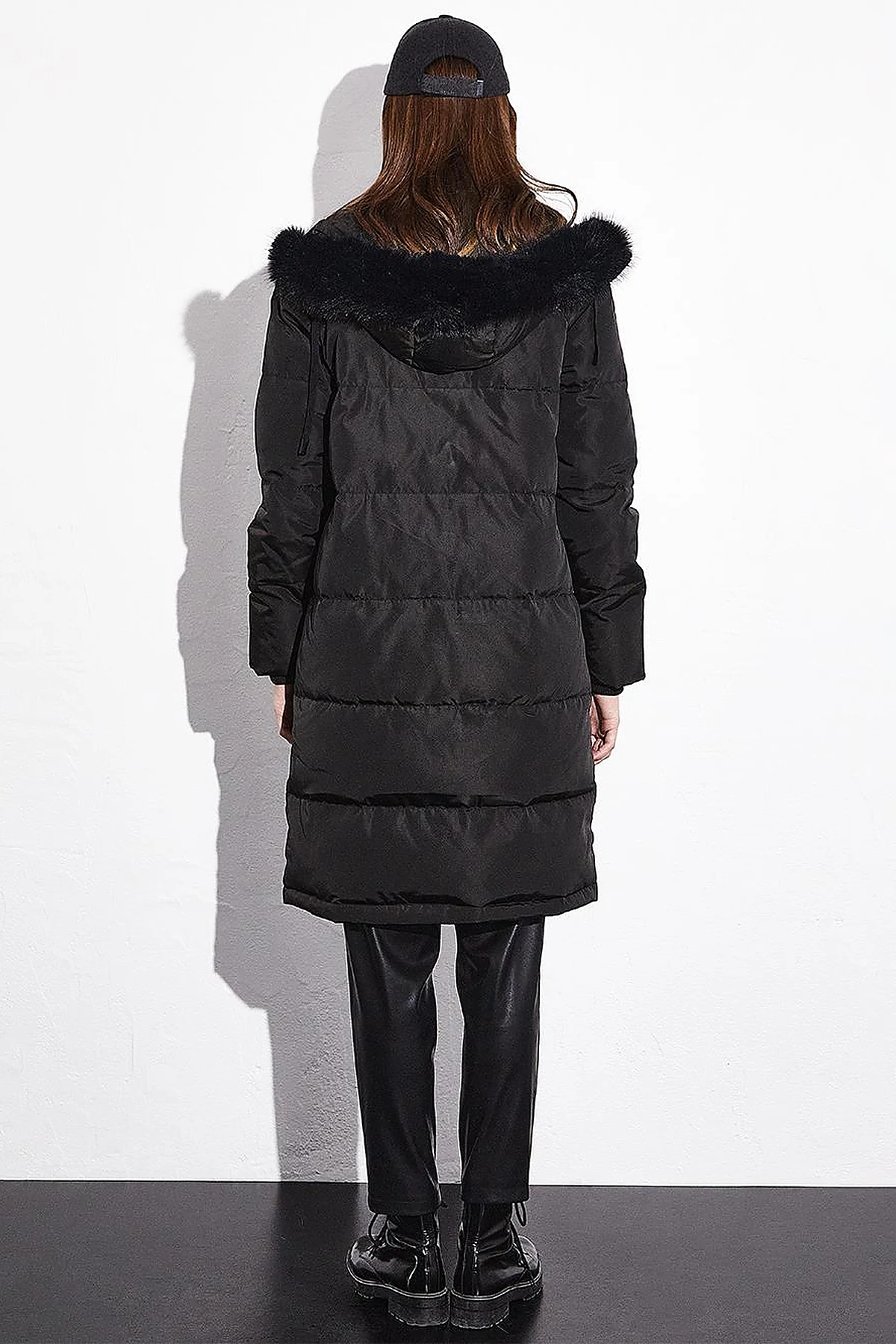Quilted Stand Collar Hooded Fur Coat Black