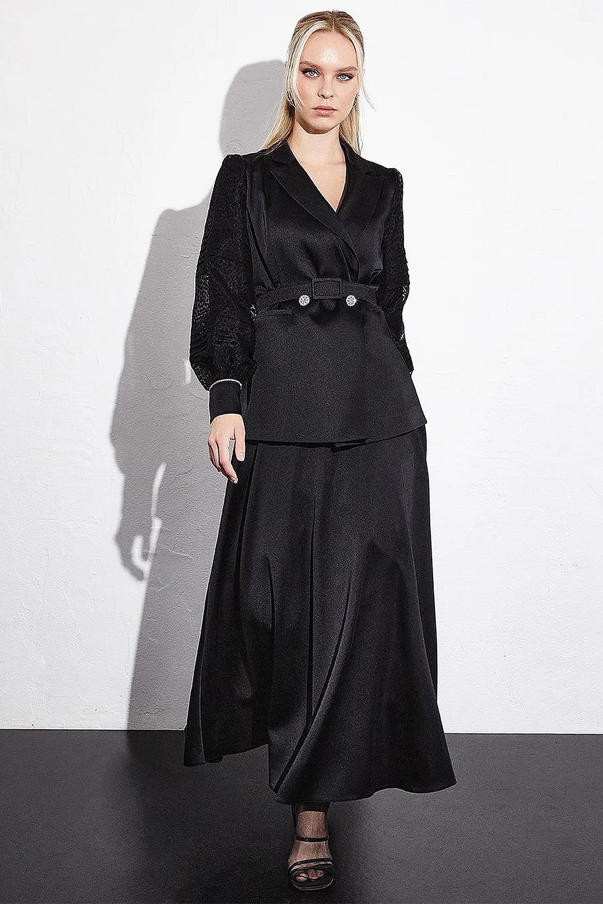 Satin Organza Garnished Skirt Double Suit Black