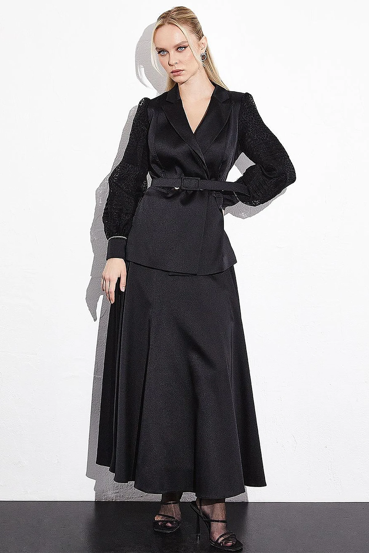Satin Organza Garnished Skirt Double Suit Black