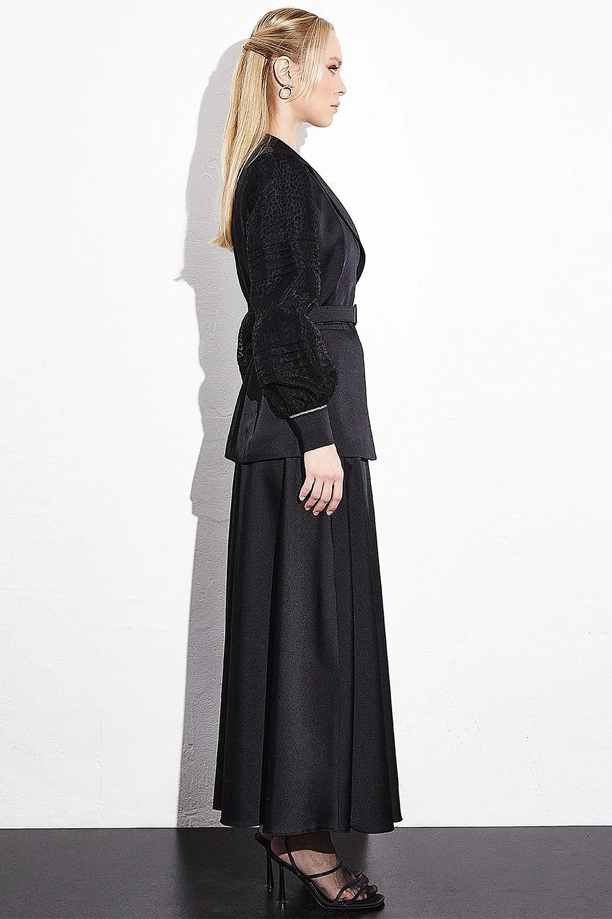 Satin Organza Garnished Skirt Double Suit Black