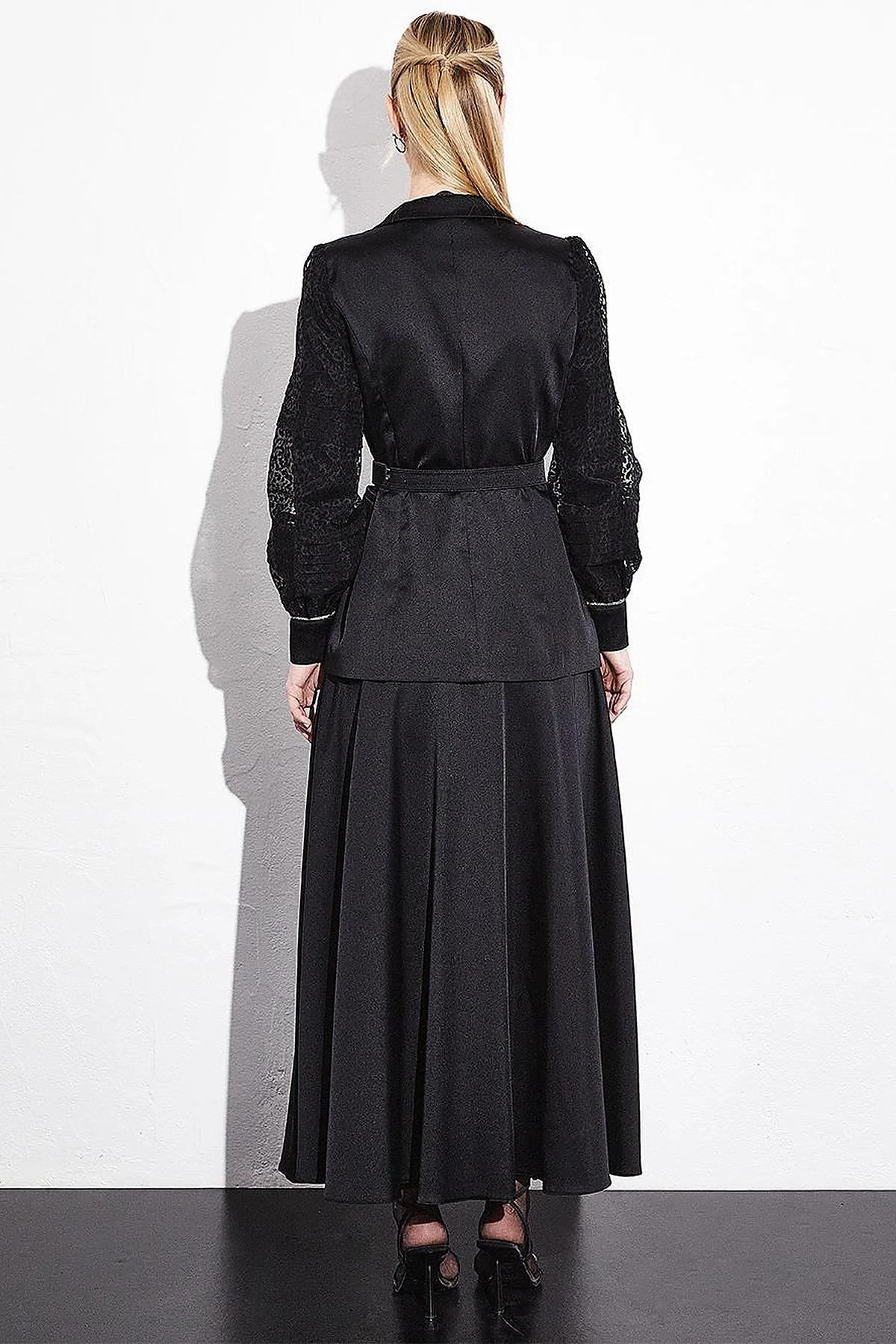 Satin Organza Garnished Skirt Double Suit Black