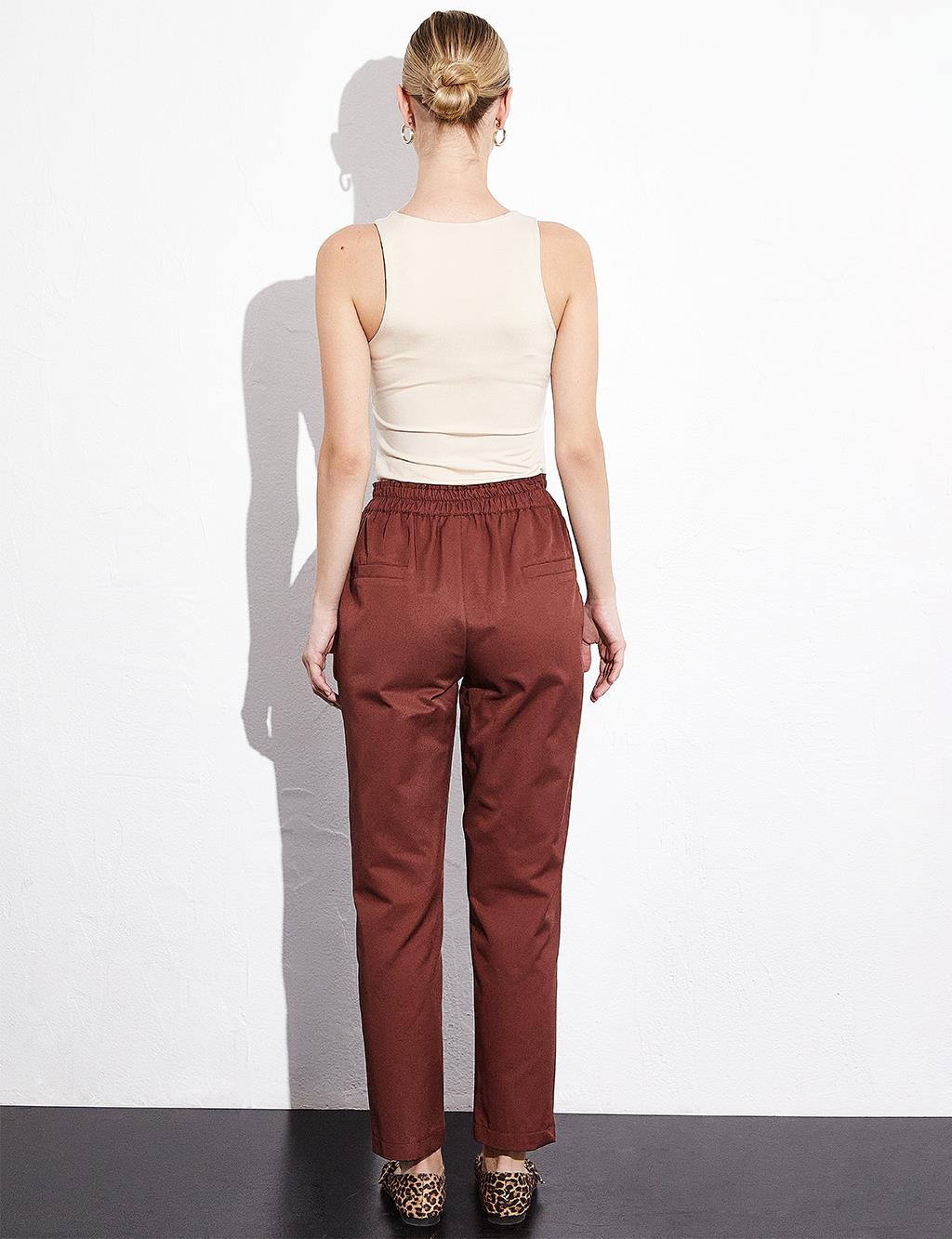 Elastic Waist Zippered Ankle Trousers Chestnut