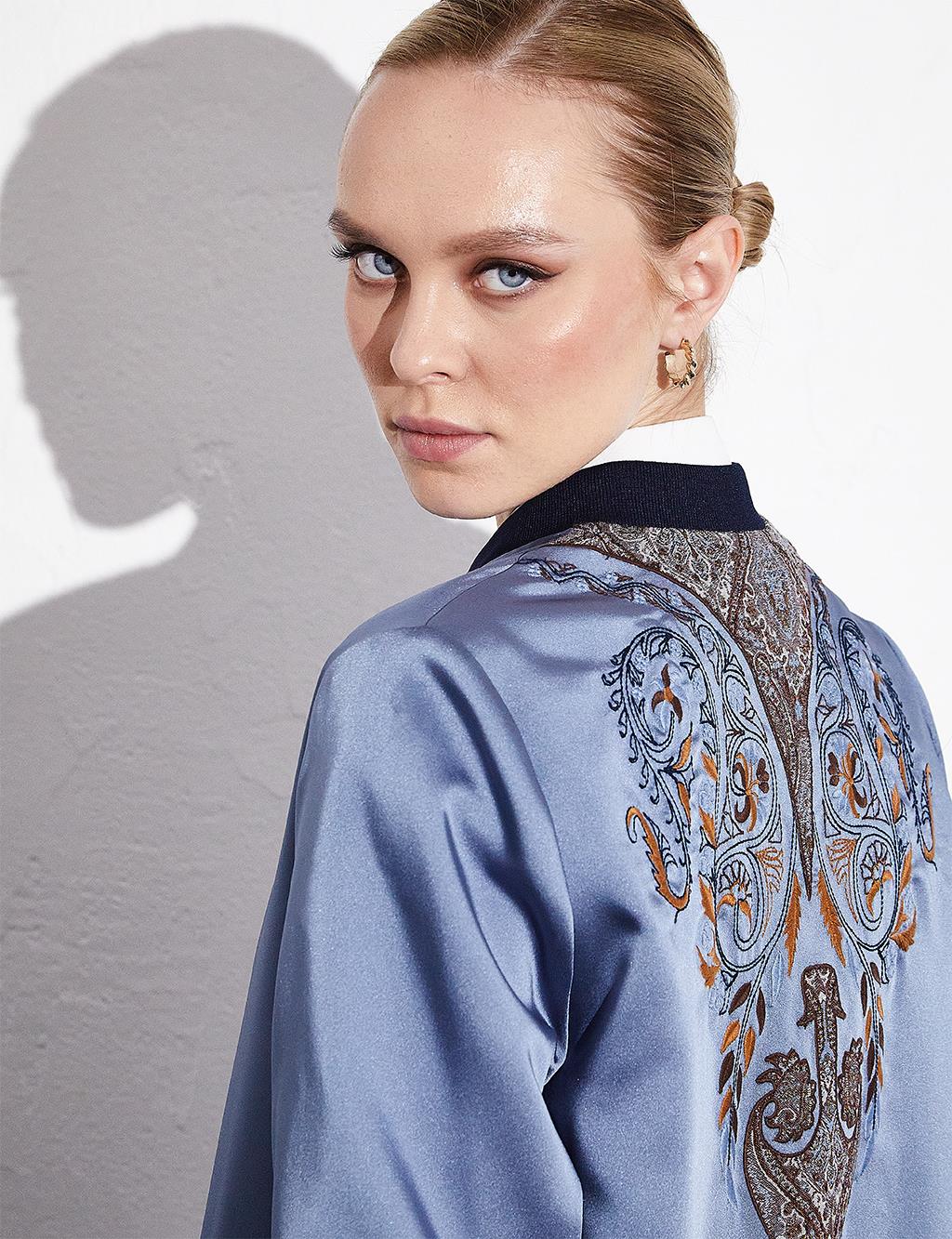 College Collar Back Ethnic Embroidery Jacket Blue Granite