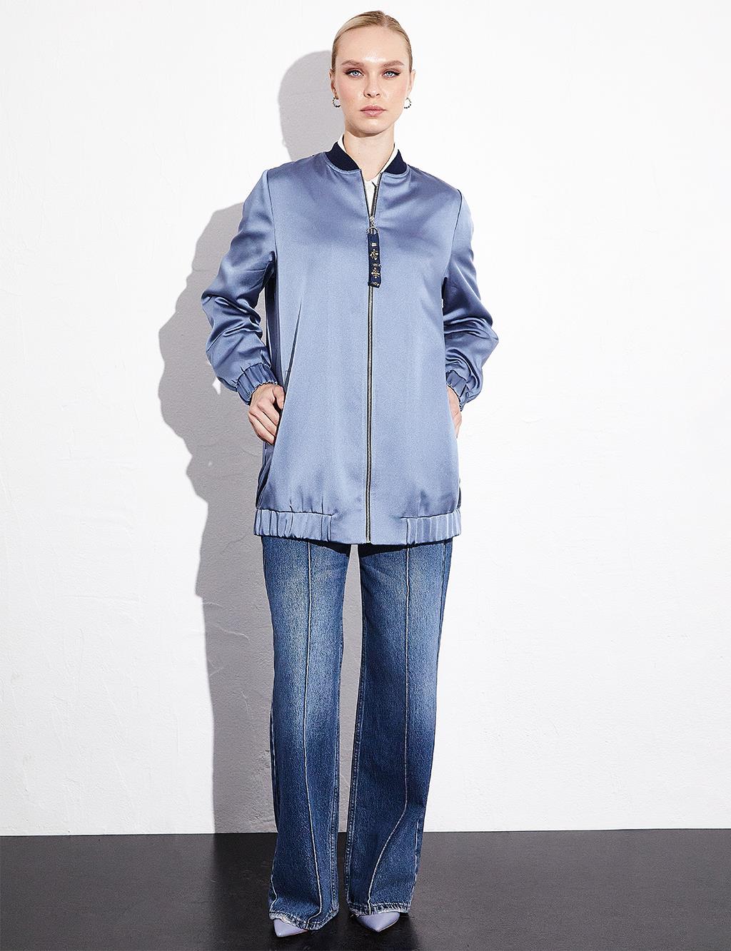 College Collar Back Ethnic Embroidery Jacket Blue Granite