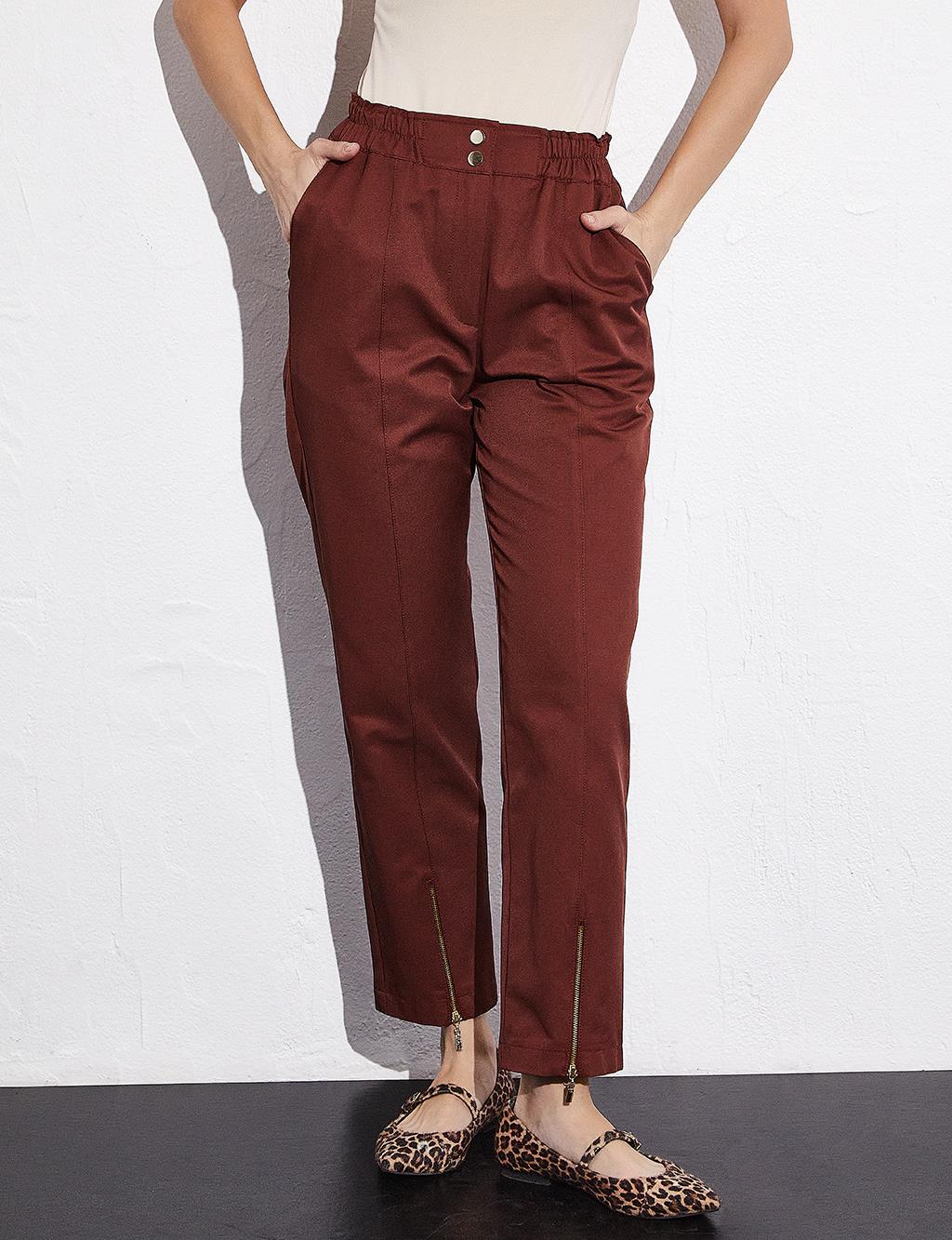 Elastic Waist Zippered Ankle Trousers Chestnut