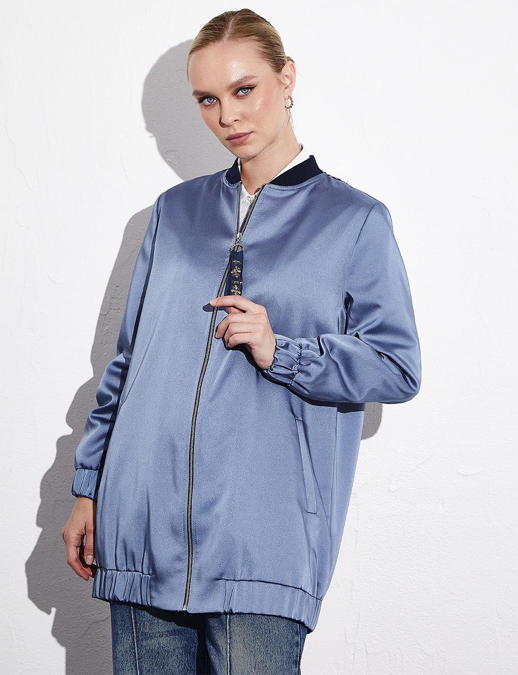 College Collar Back Ethnic Embroidery Jacket Blue Granite
