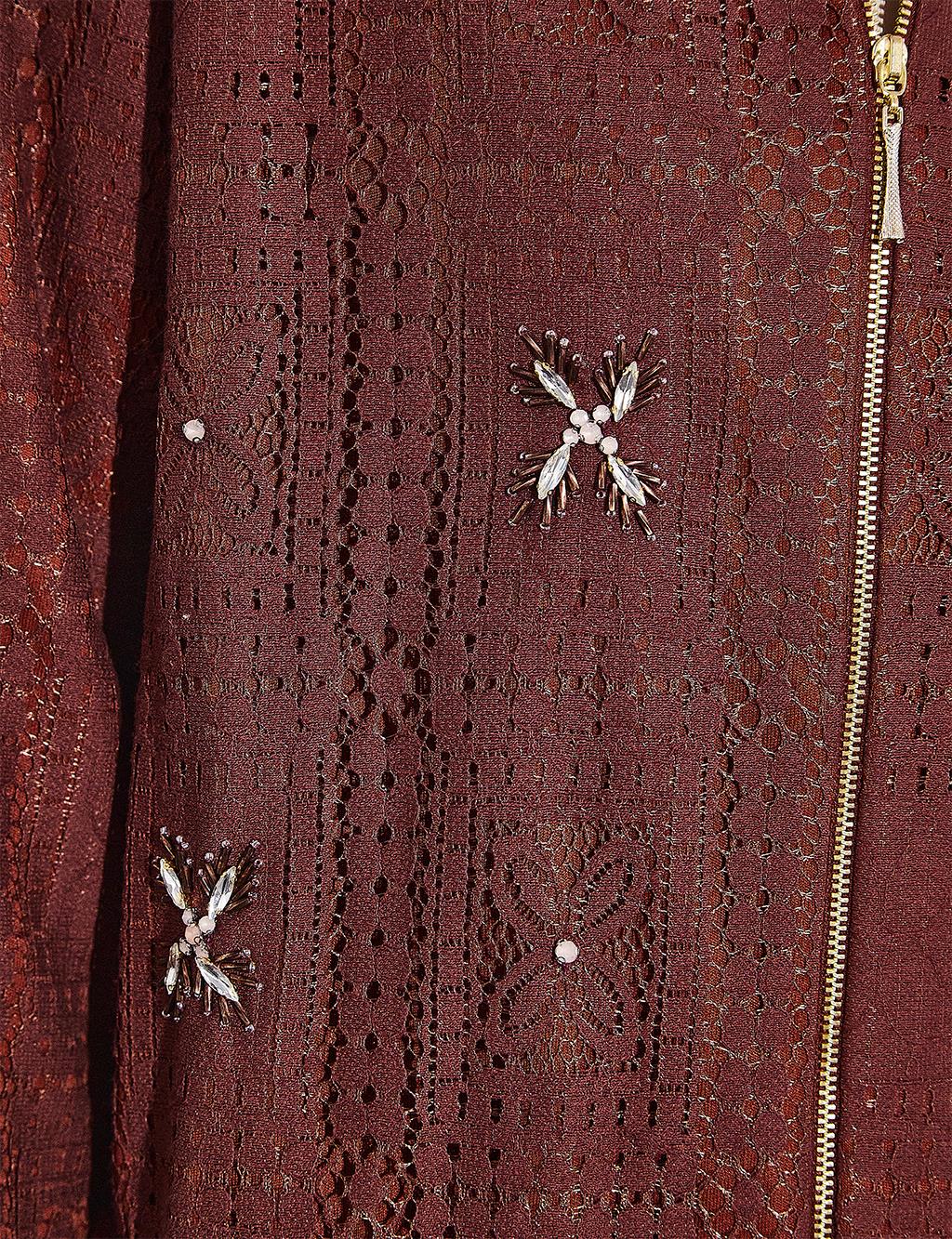 Zippered Stone Embroidered Jacket Chestnut