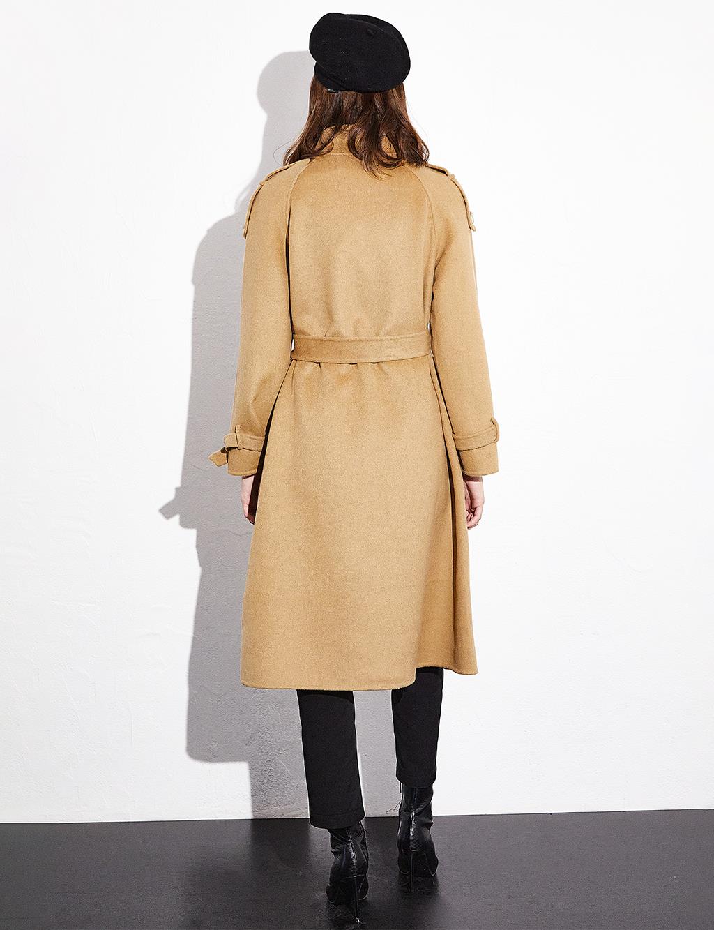 Premium Stand Collar Double Breasted Belted Cashmere Coat Camel