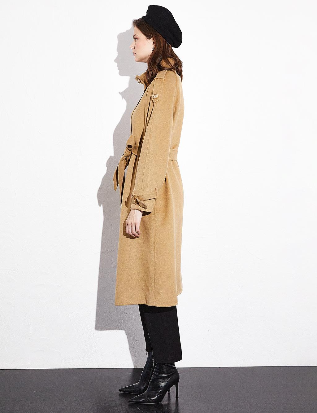 Premium Stand Collar Double Breasted Belted Cashmere Coat Camel