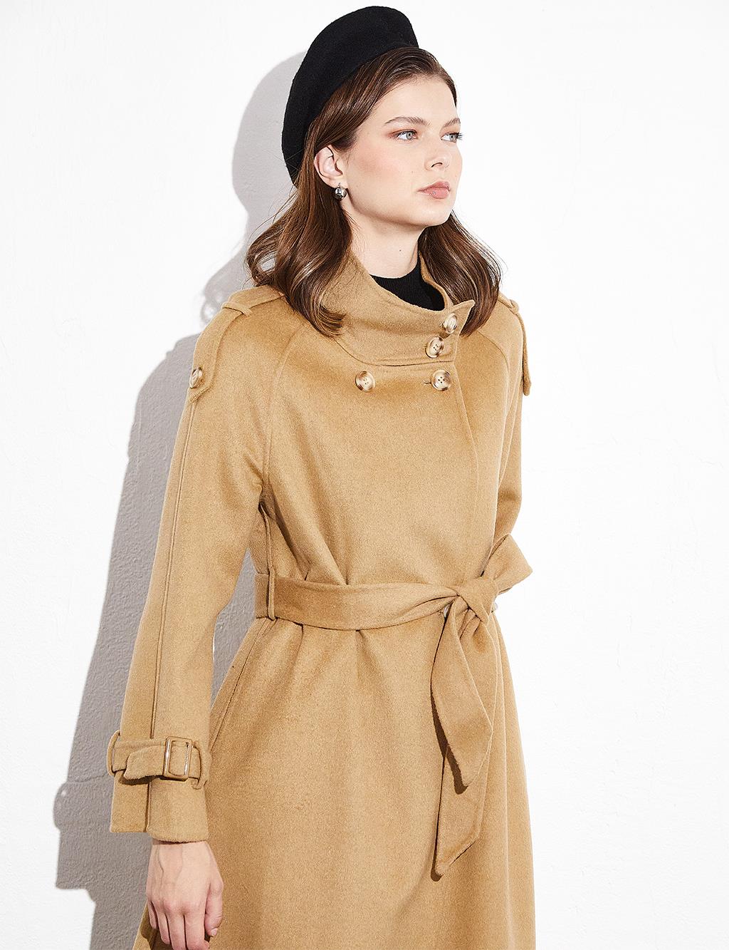 Premium Stand Collar Double Breasted Belted Cashmere Coat Camel