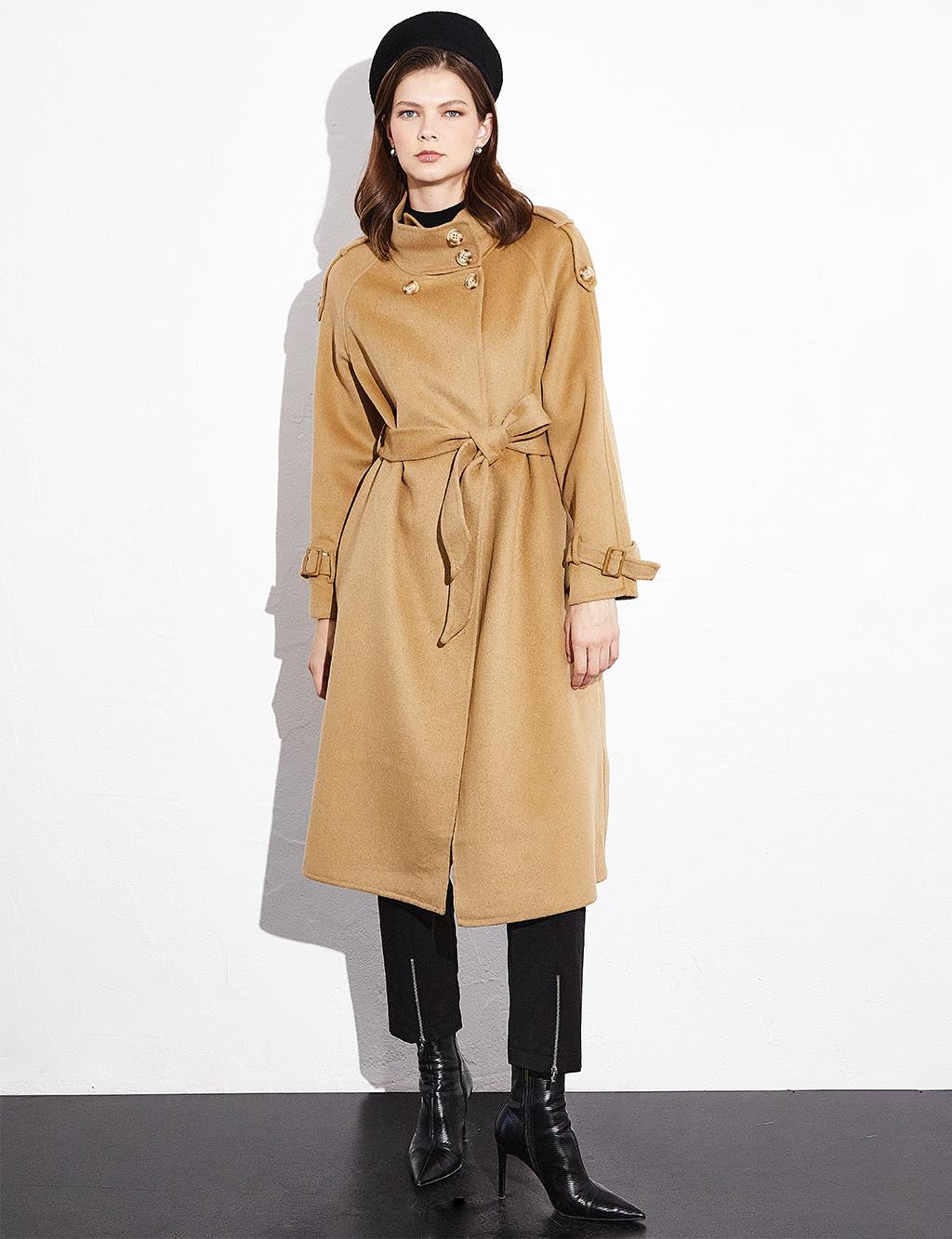 Premium Stand Collar Double Breasted Belted Cashmere Coat Camel
