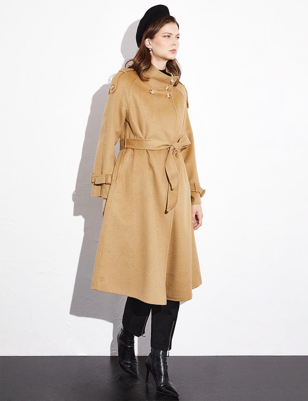 Premium Stand Collar Double Breasted Belted Cashmere Coat Camel