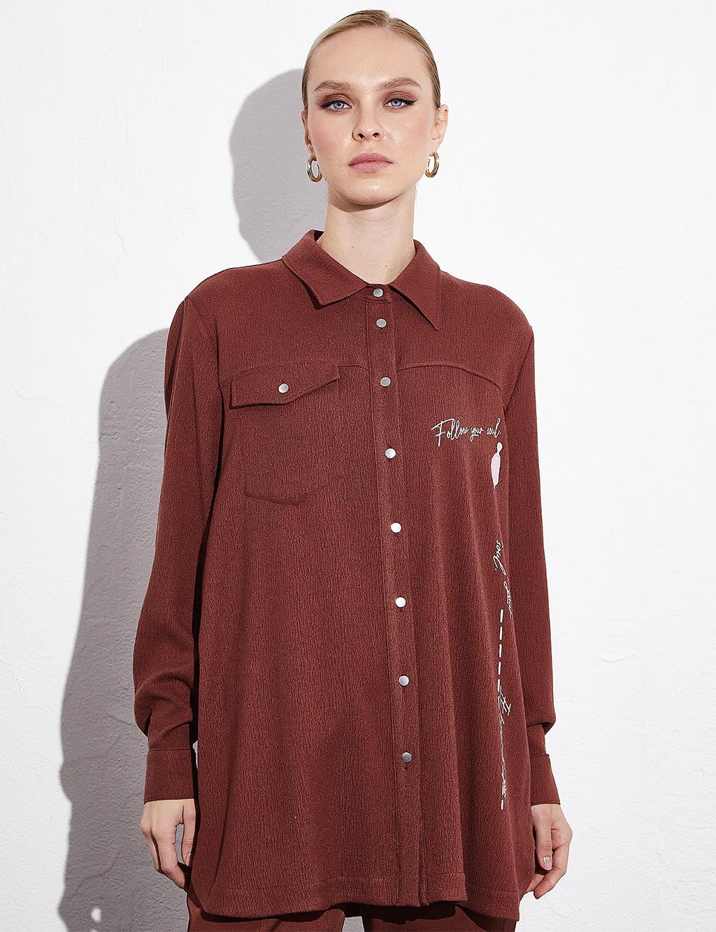 Text Printed Button Blouse Chestnut