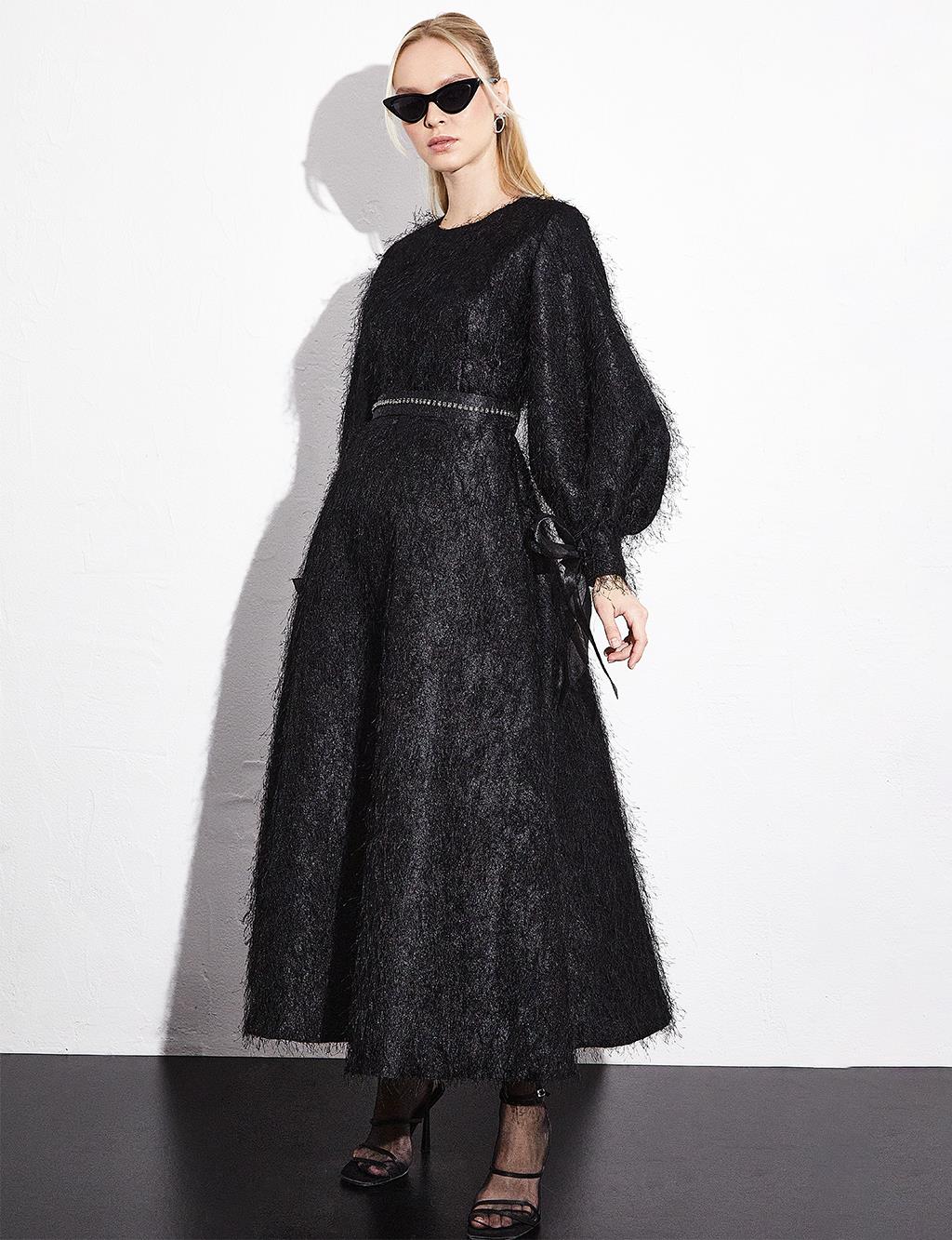 Jacquard Tassel Balloon Sleeve Dress Black