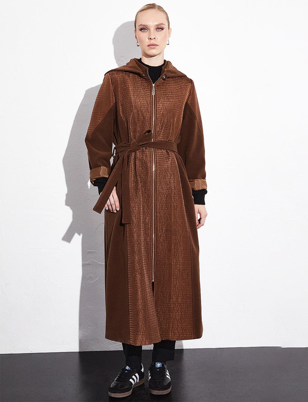 Removable Hooded Zippered Coat Dark Brown