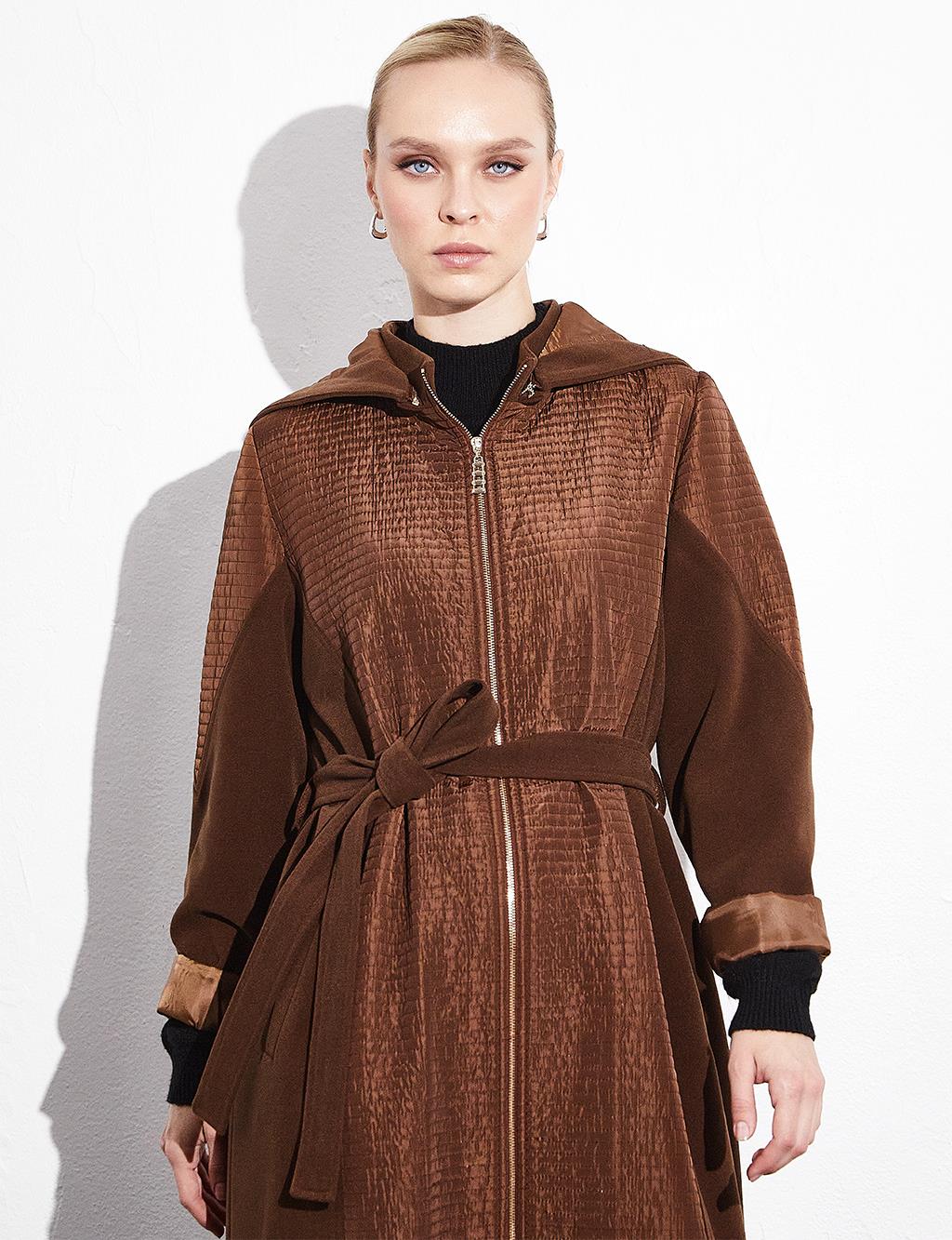 Removable Hooded Zippered Coat Dark Brown