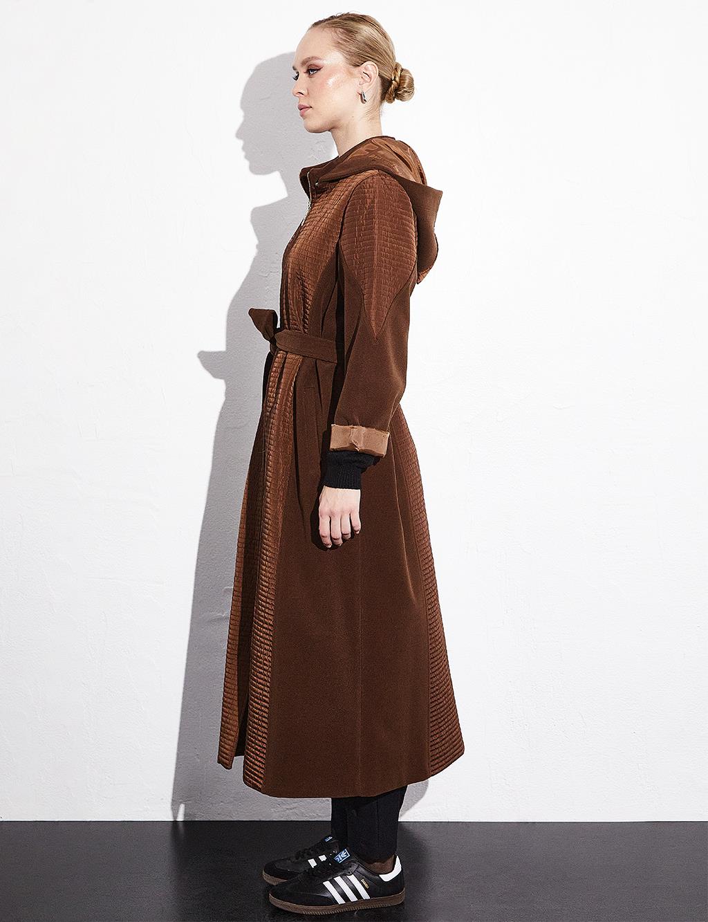 Removable Hooded Zippered Coat Dark Brown