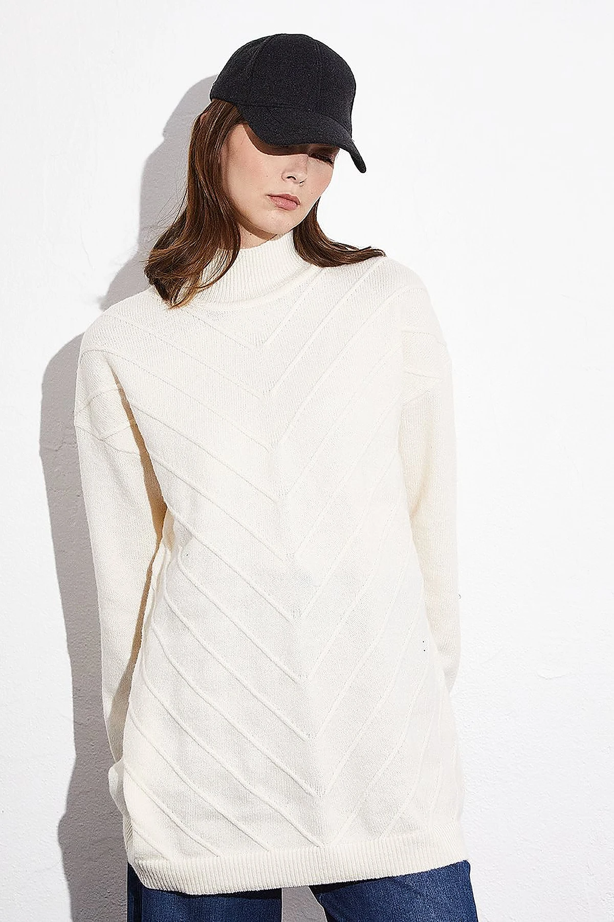 Exclusive Fisherman's Collar Textured Knit Tunic Cream