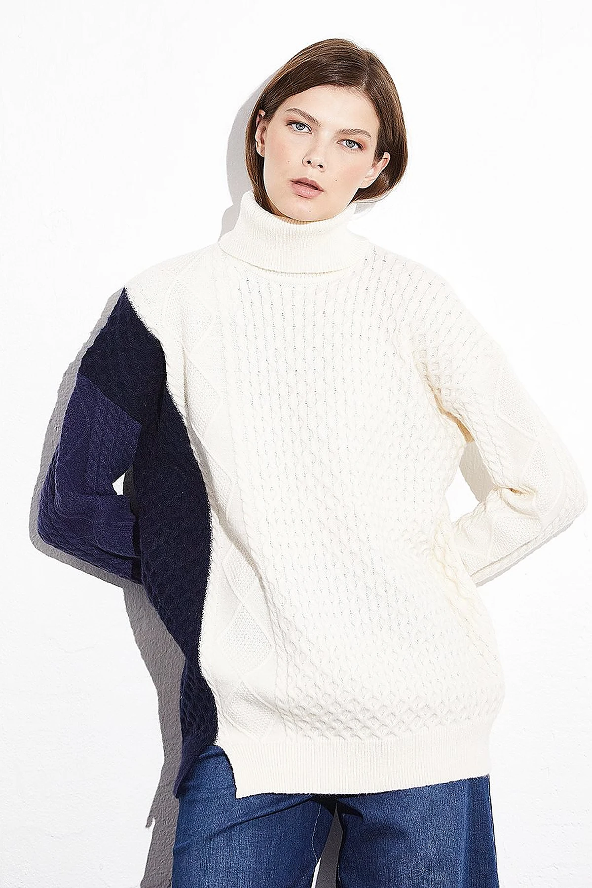 Exclusive Knitted Design Colorful Knitwear Tunic Navy Blue