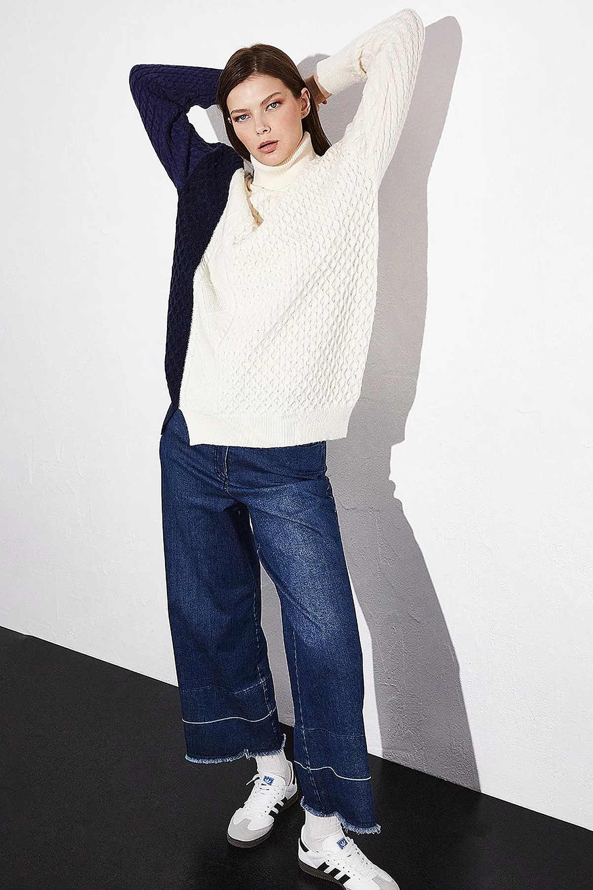 Exclusive Knitted Design Colorful Knitwear Tunic Navy Blue
