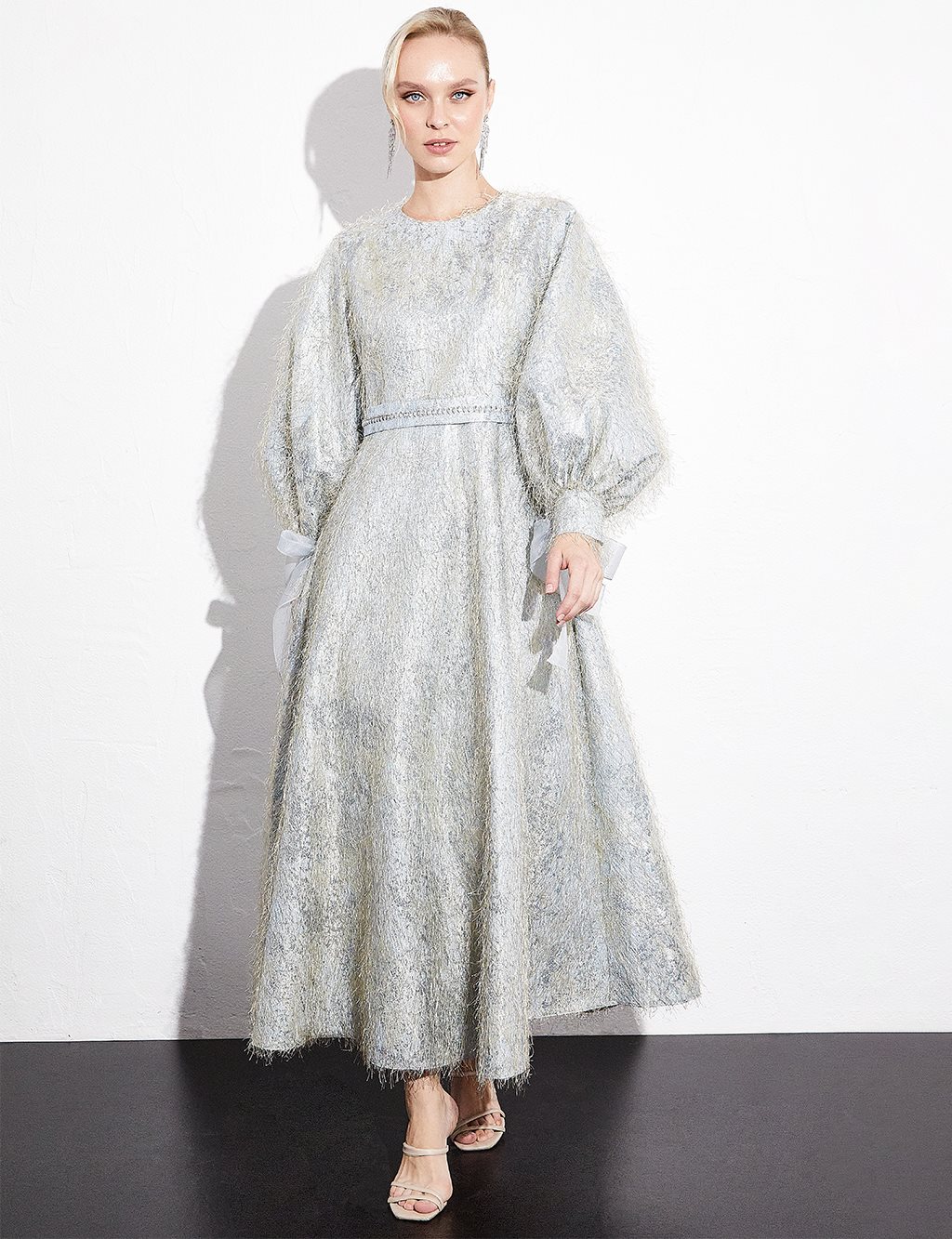 Jacquard Tassel Balloon Sleeve Dress Blue