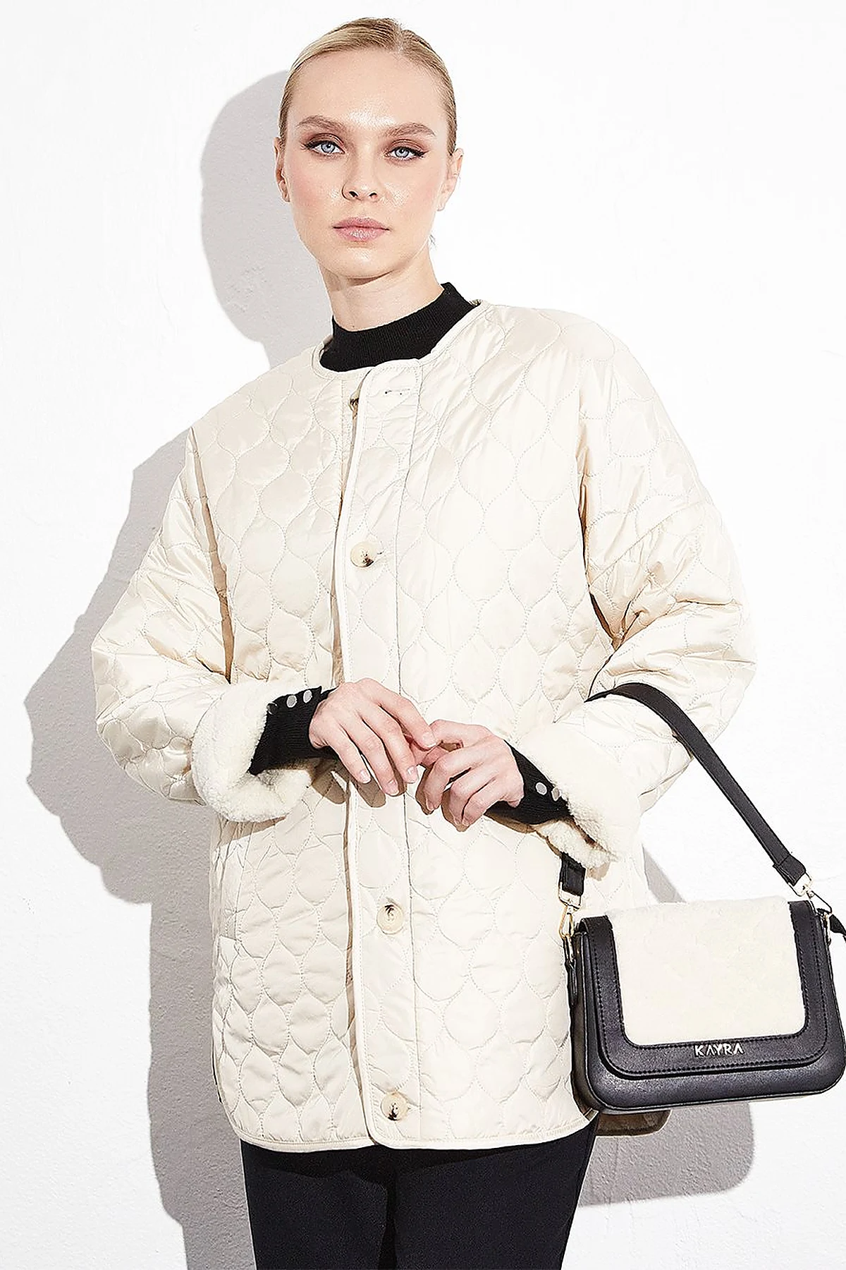 Houndstooth Patterned Square Form Bag Cream Black