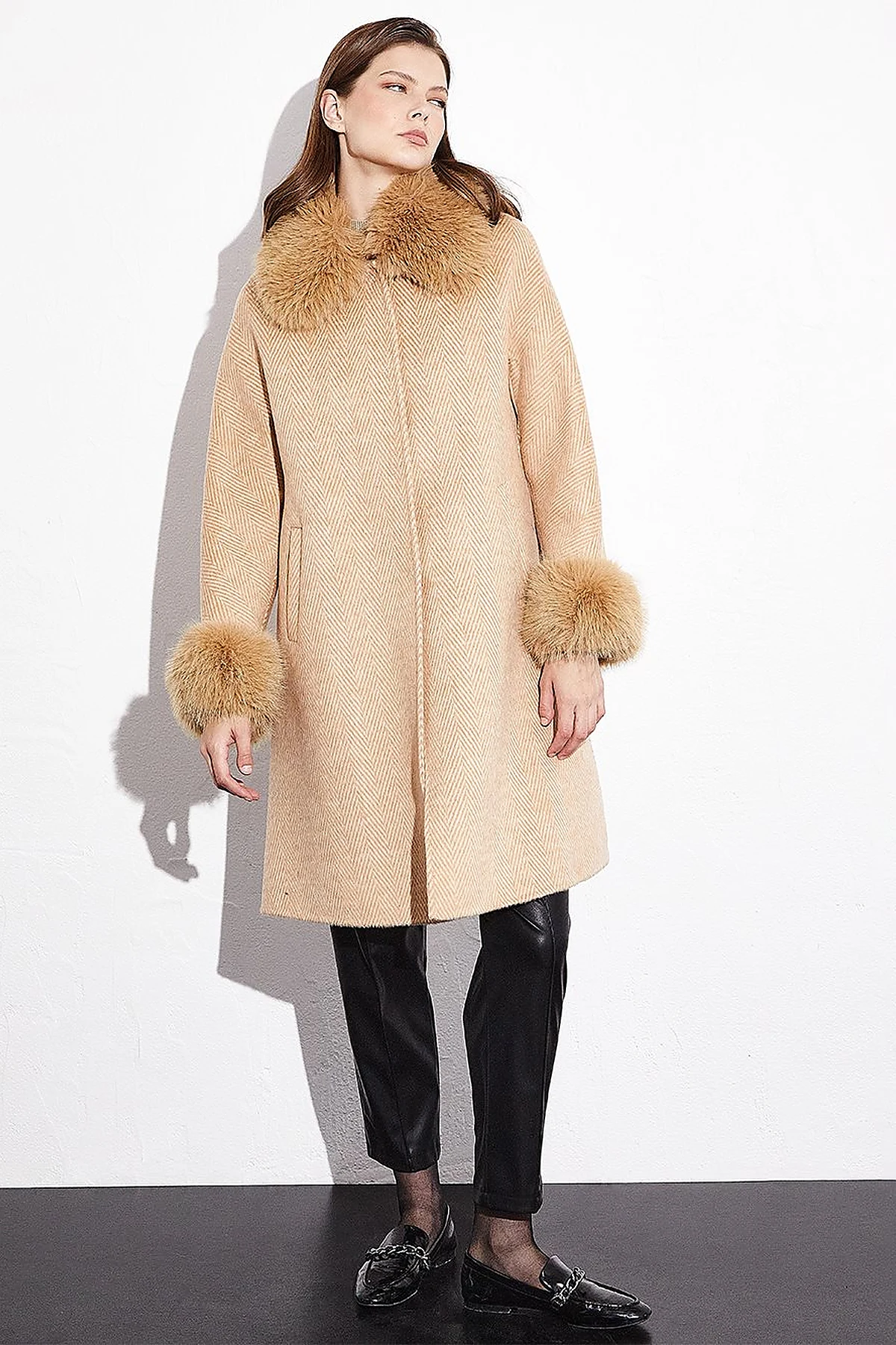 Premium Wool Striped Coat Light Camel