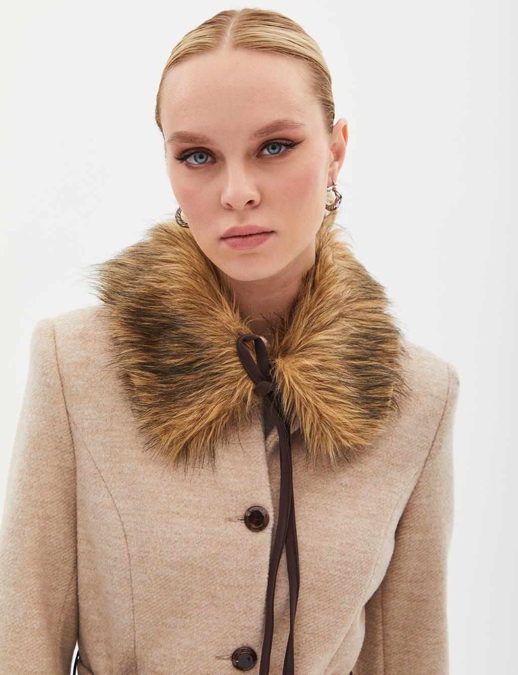 Fur Collar Full Length Cashmere Coat Beige