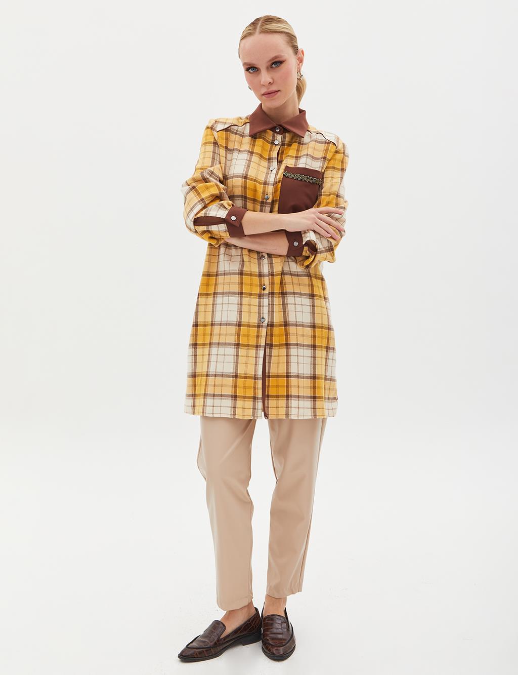 Checkered Stone Embroidered Piping Detailed Tunic Cream Mustard