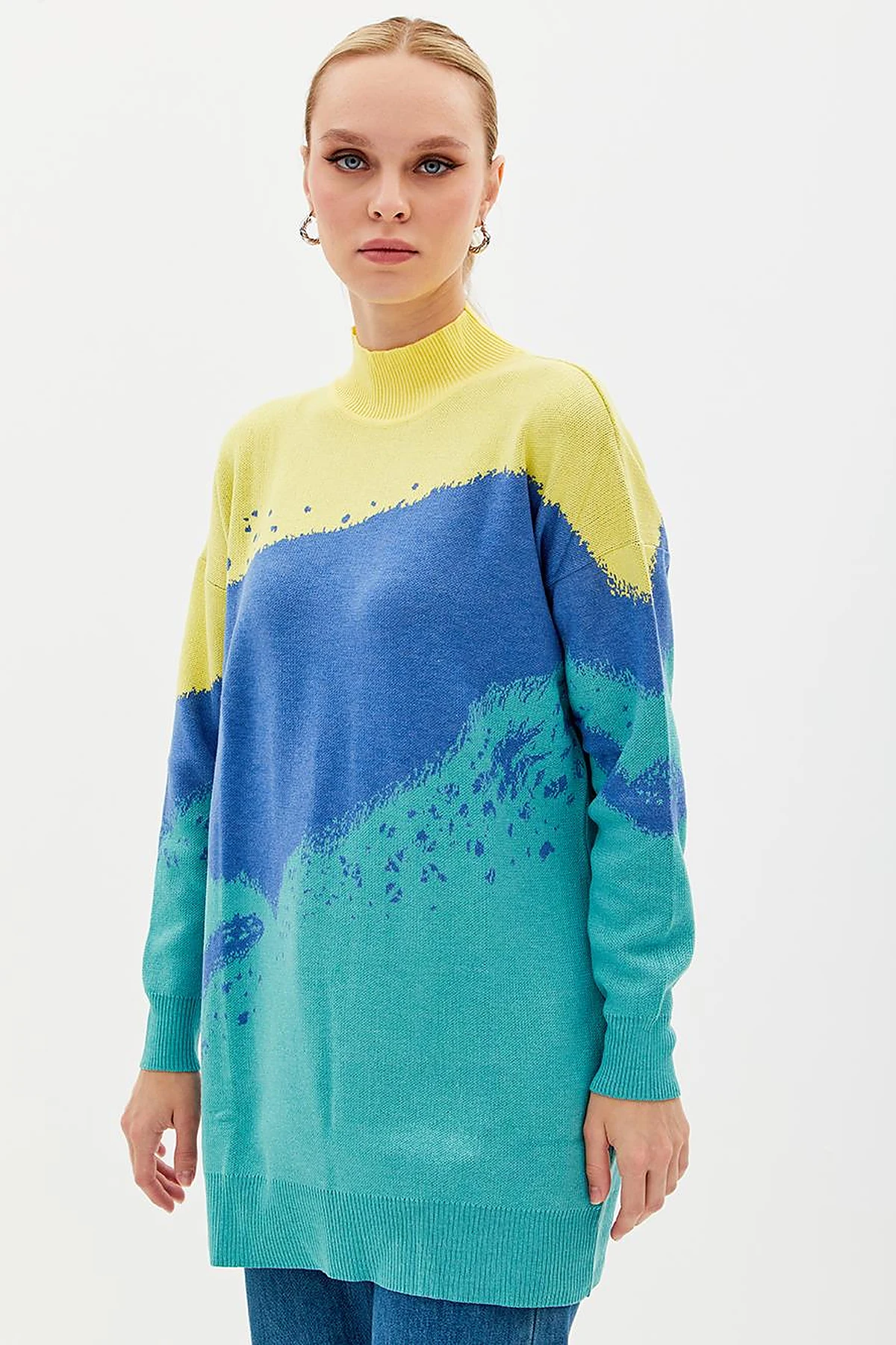 Abstract Patterned Colorful Knitwear Tunic Mint