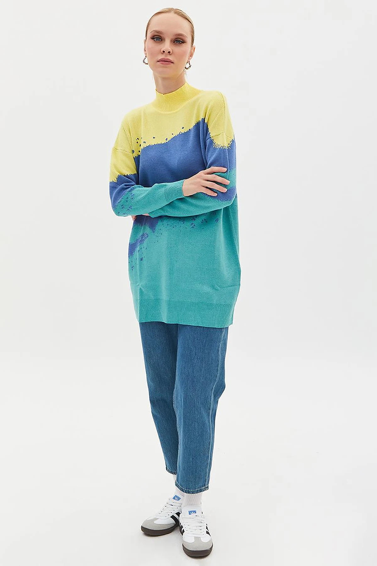 Abstract Patterned Colorful Knitwear Tunic Mint