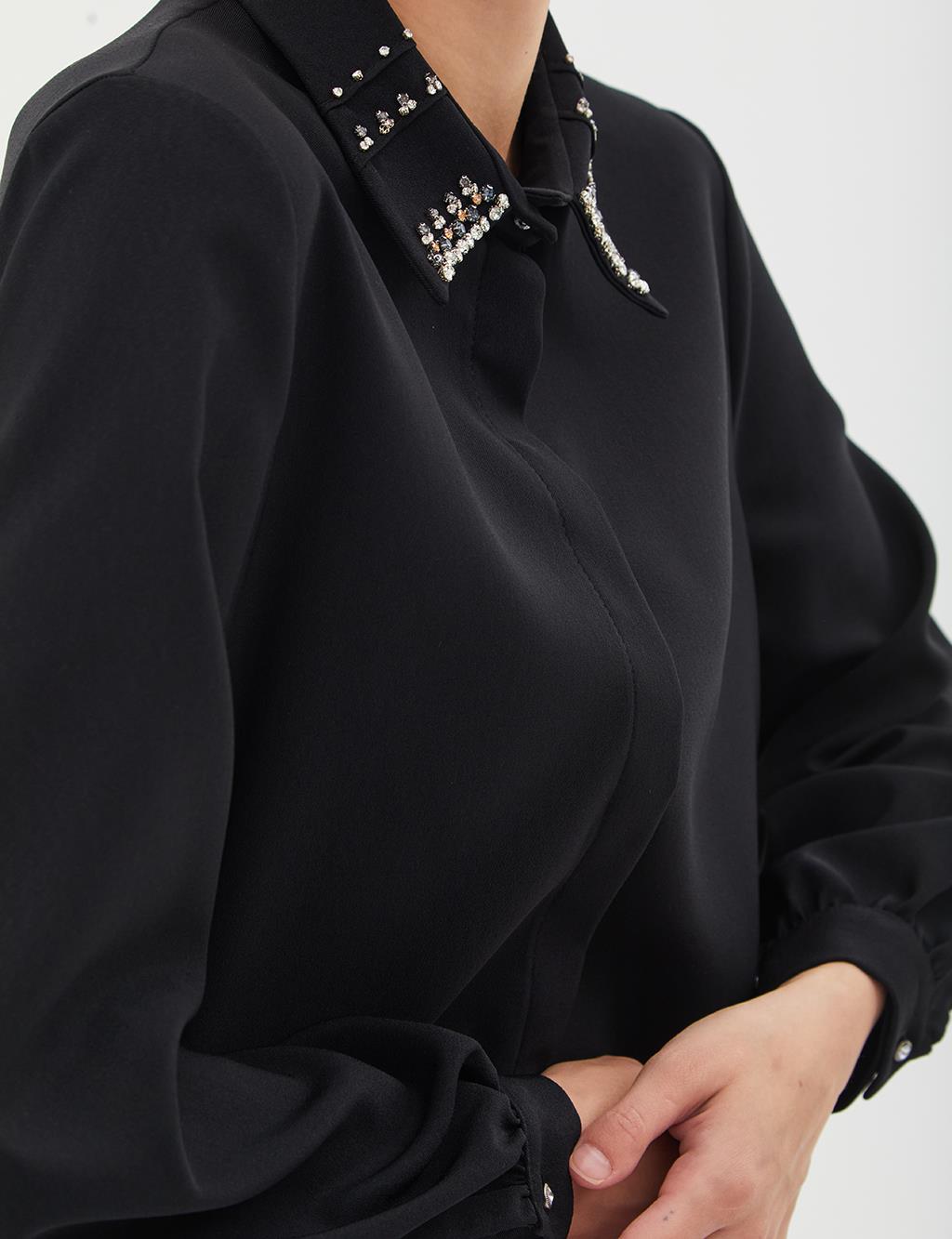 Embroidered Stone Detailed Satin Tunic Black