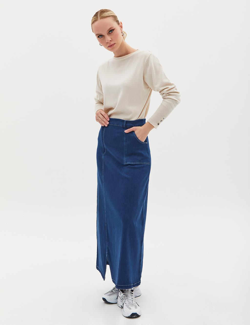 Mini Slit Pocket Denim Skirt Dark Navy Blue