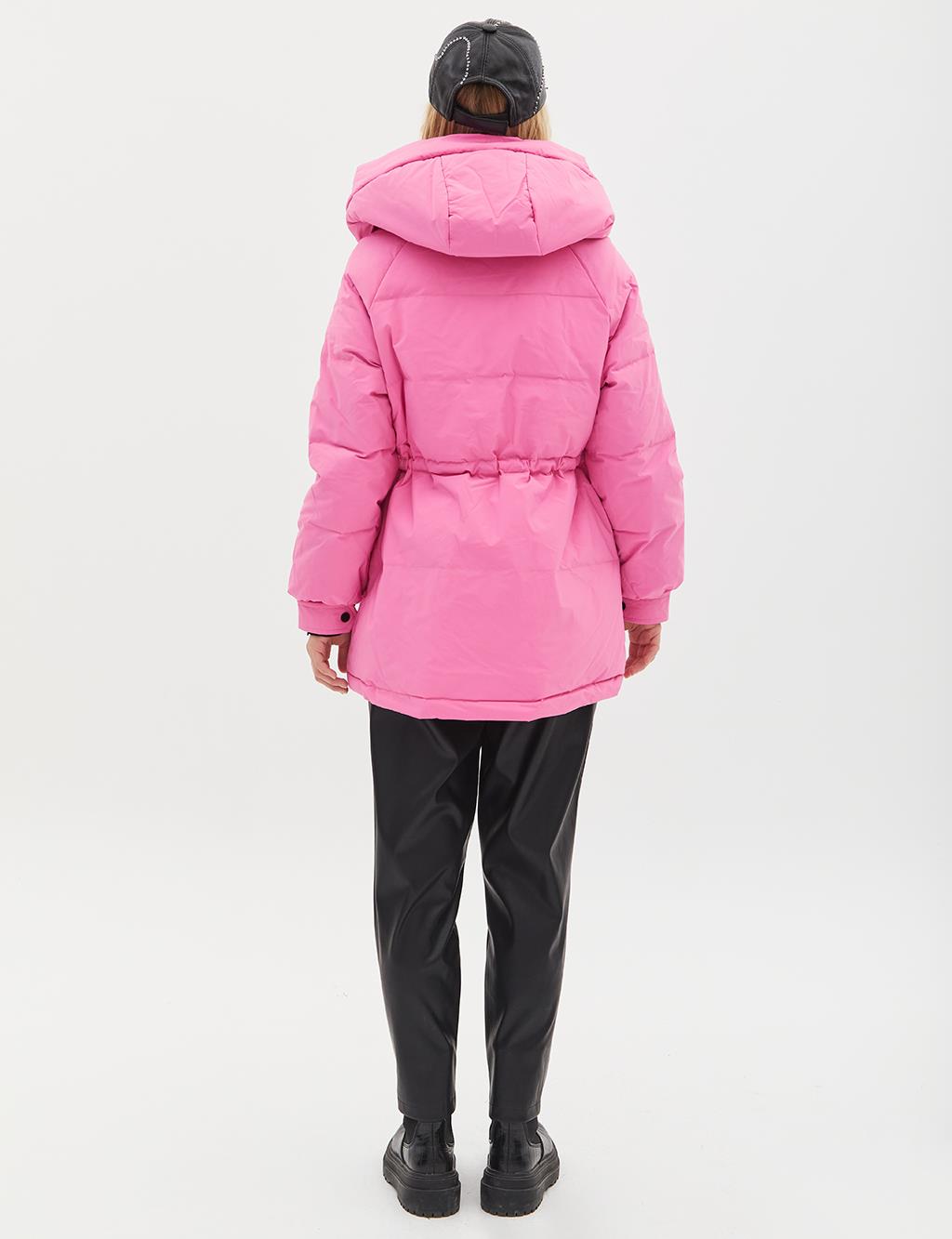 Pocket Detail Stand-up Collar Goose Feather Coat Pink