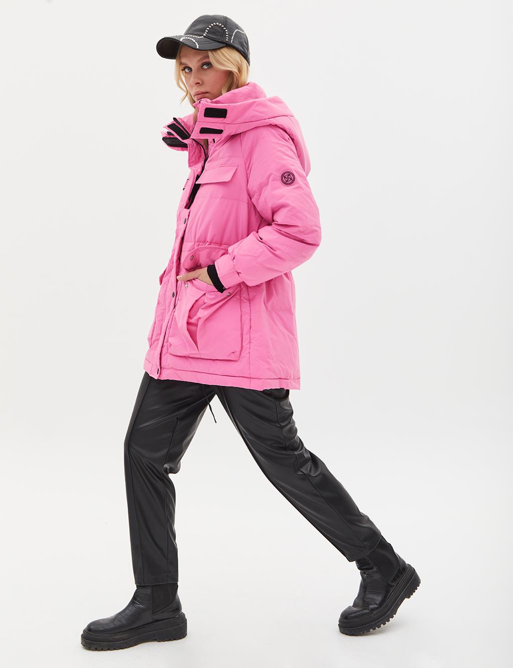 Pocket Detail Stand-up Collar Goose Feather Coat Pink