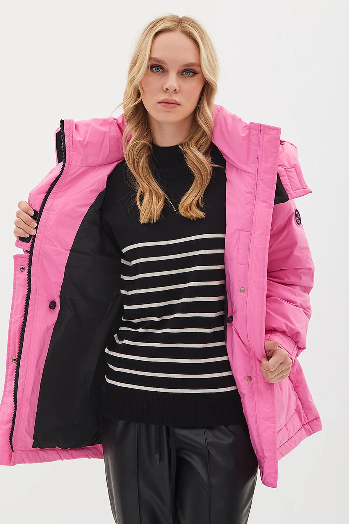 Pocket Detail Stand-up Collar Goose Feather Coat Pink