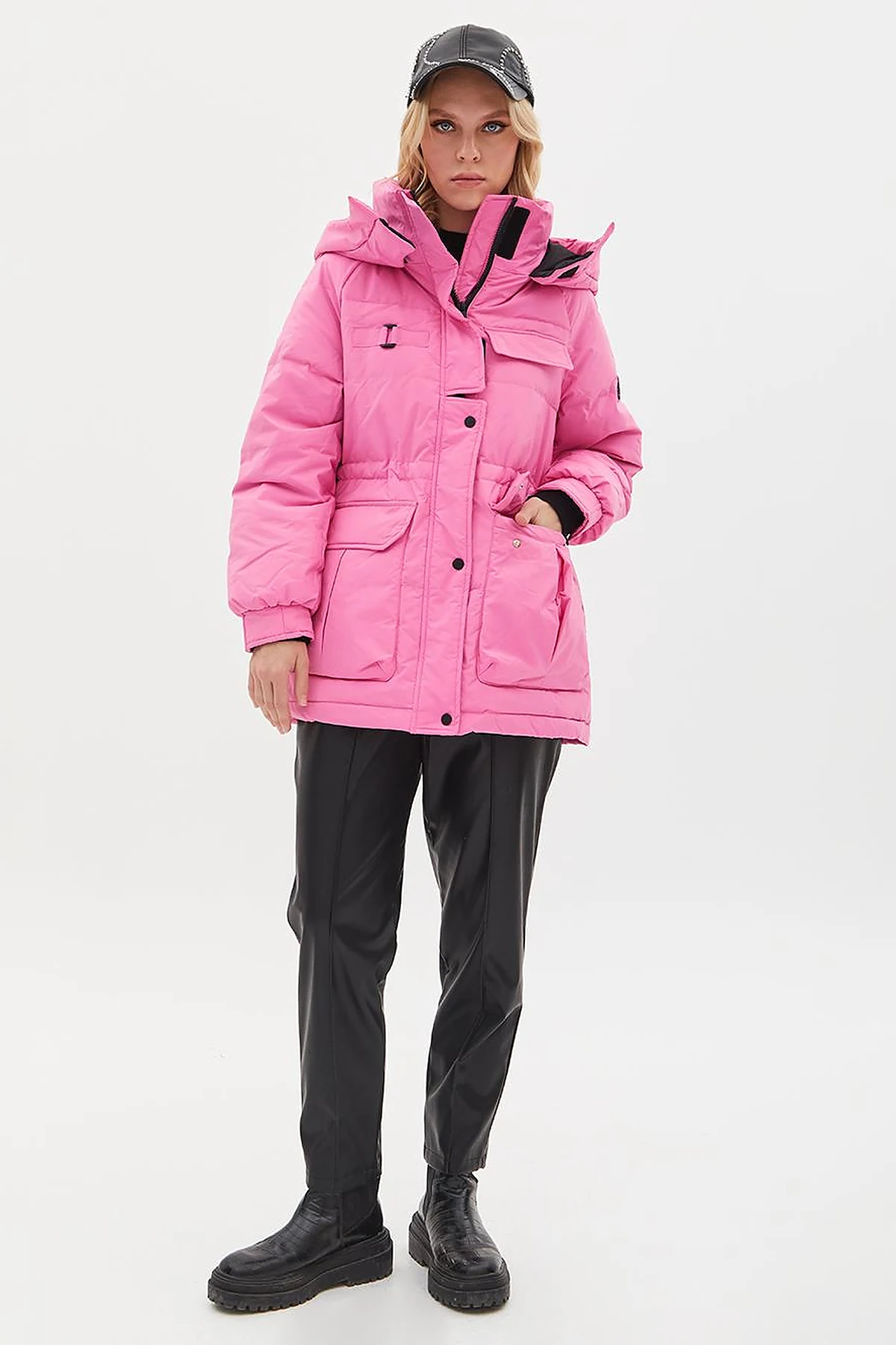 Pocket Detail Stand-up Collar Goose Feather Coat Pink