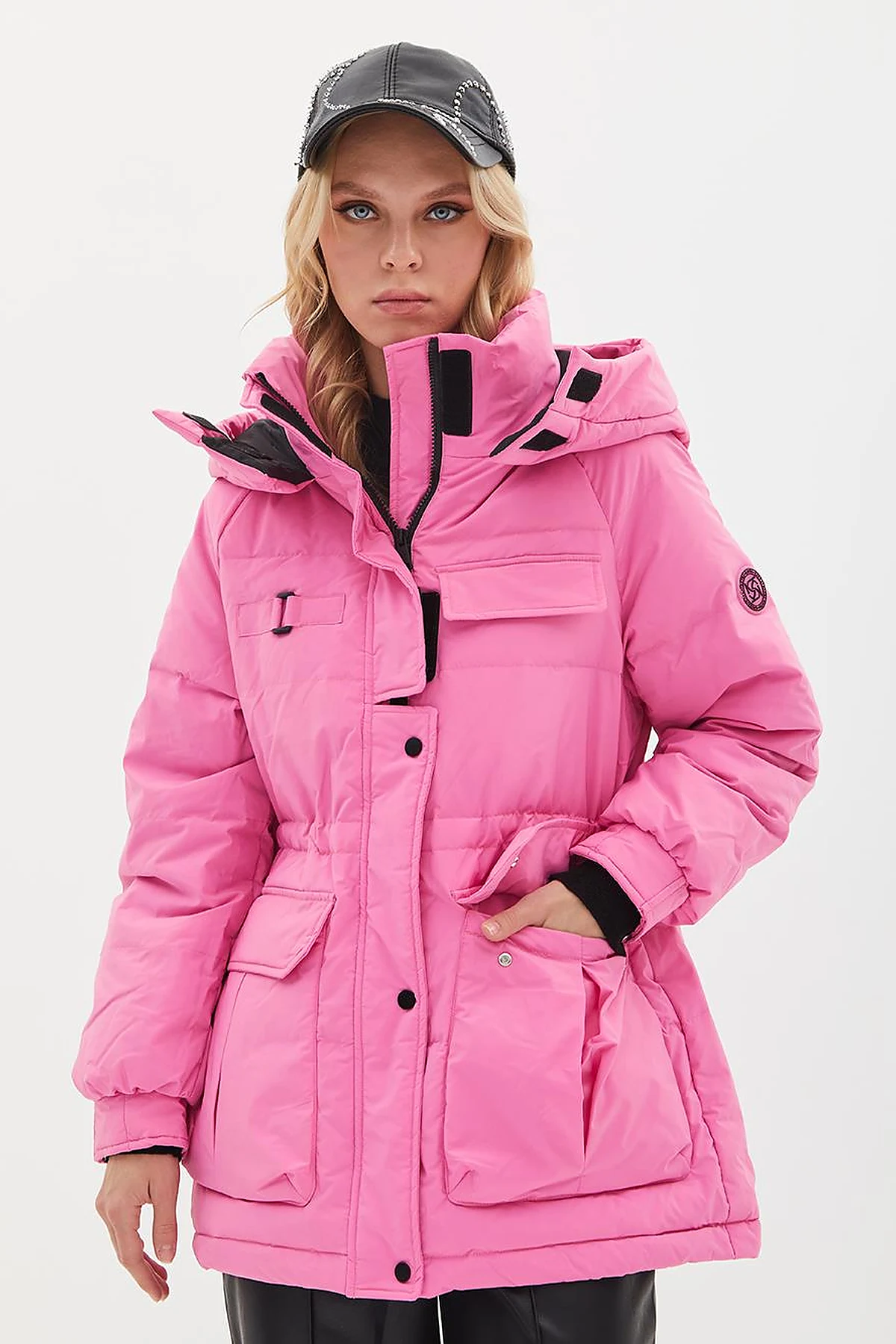 Pocket Detail Stand-up Collar Goose Feather Coat Pink