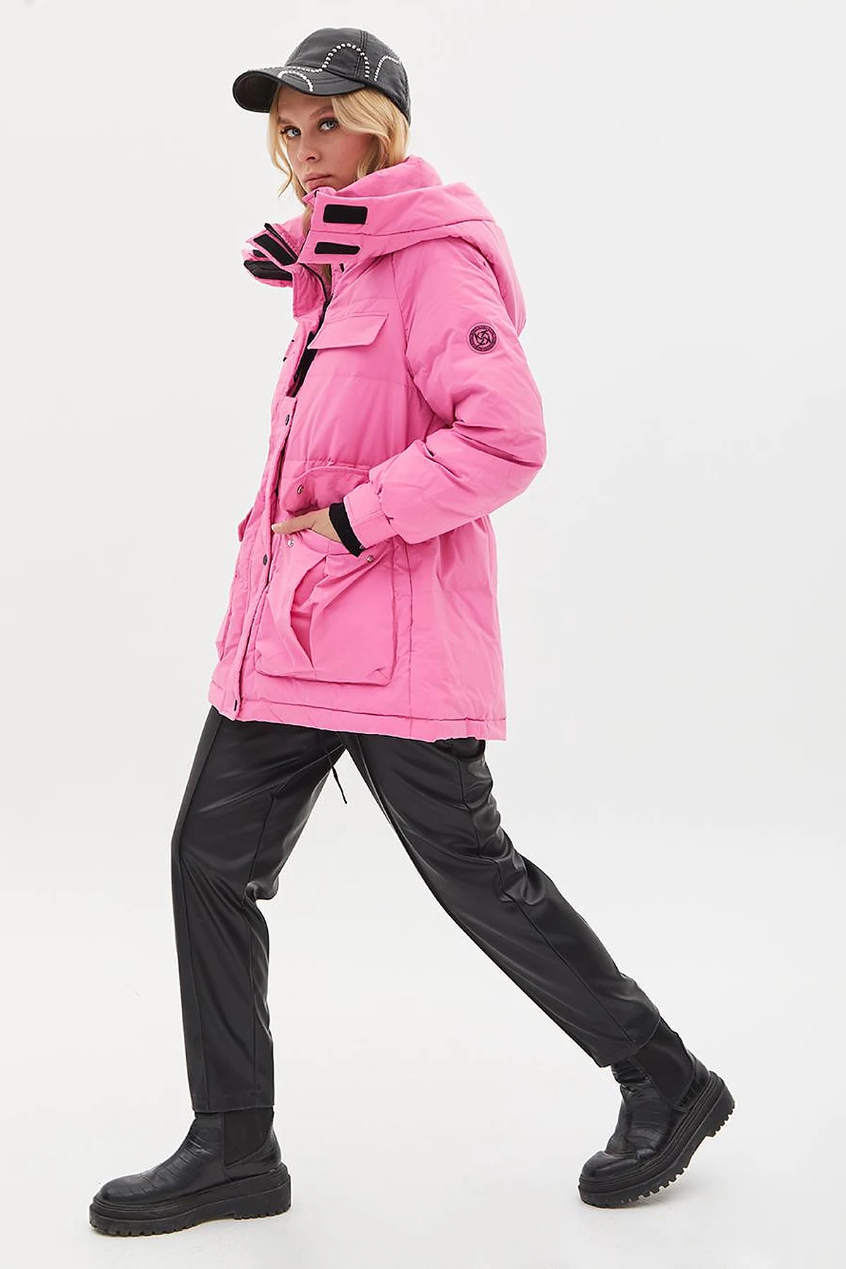 Pocket Detail Stand-up Collar Goose Feather Coat Pink