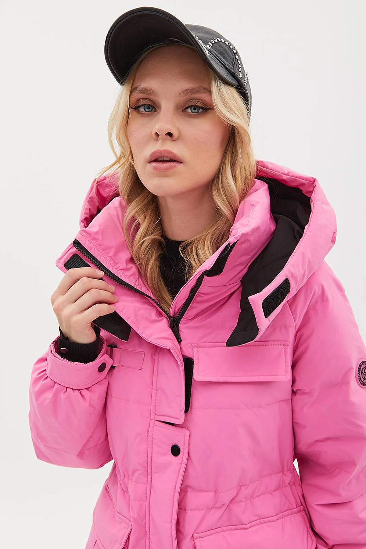 Pocket Detail Stand-up Collar Goose Feather Coat Pink