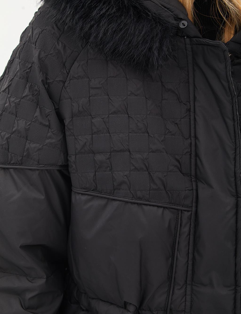 Faux Fur Fabric Garnished Goose Down Coat Black