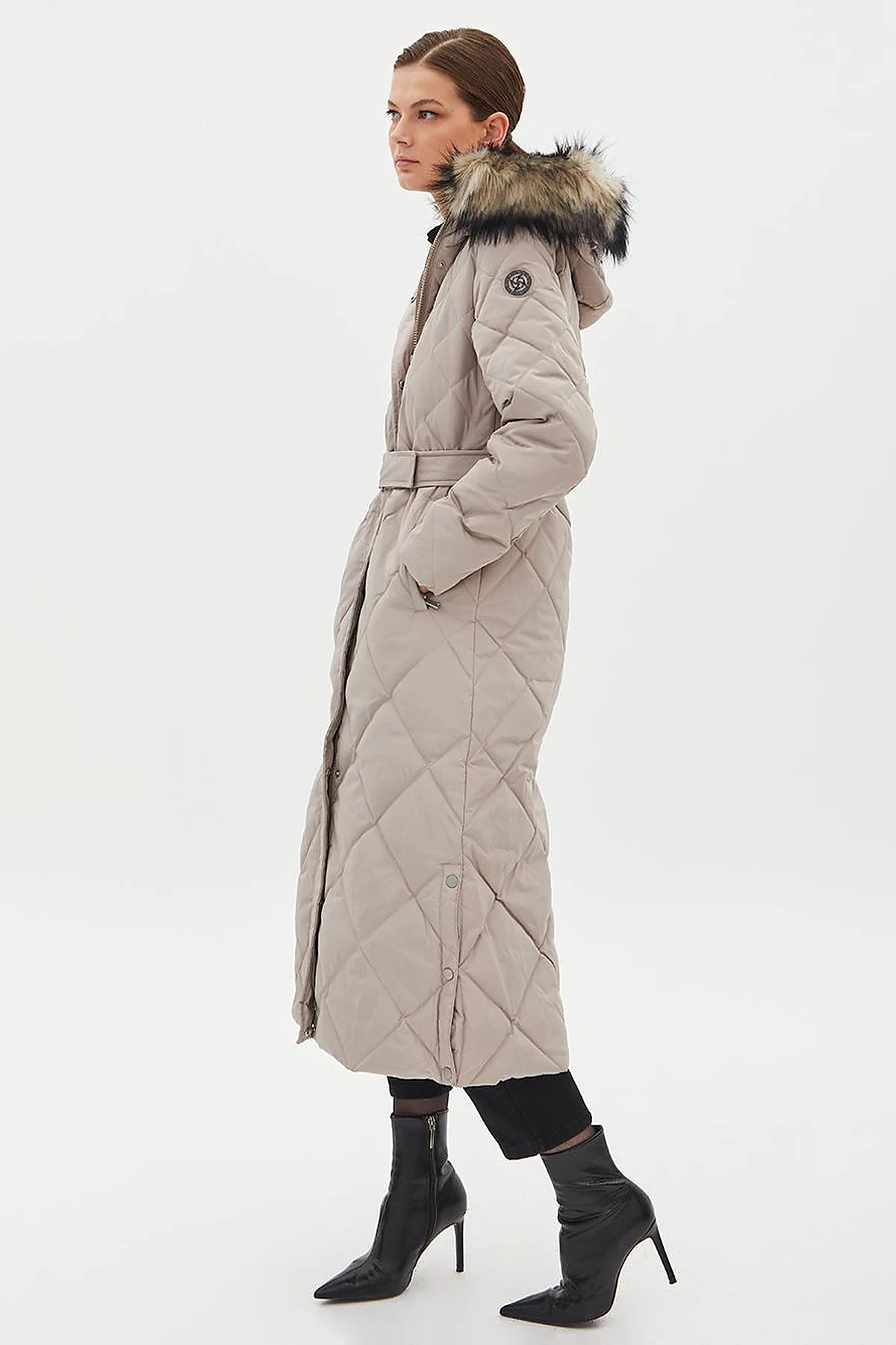 Diamond Patterned Faux Fur Goose Feather Coat Stone