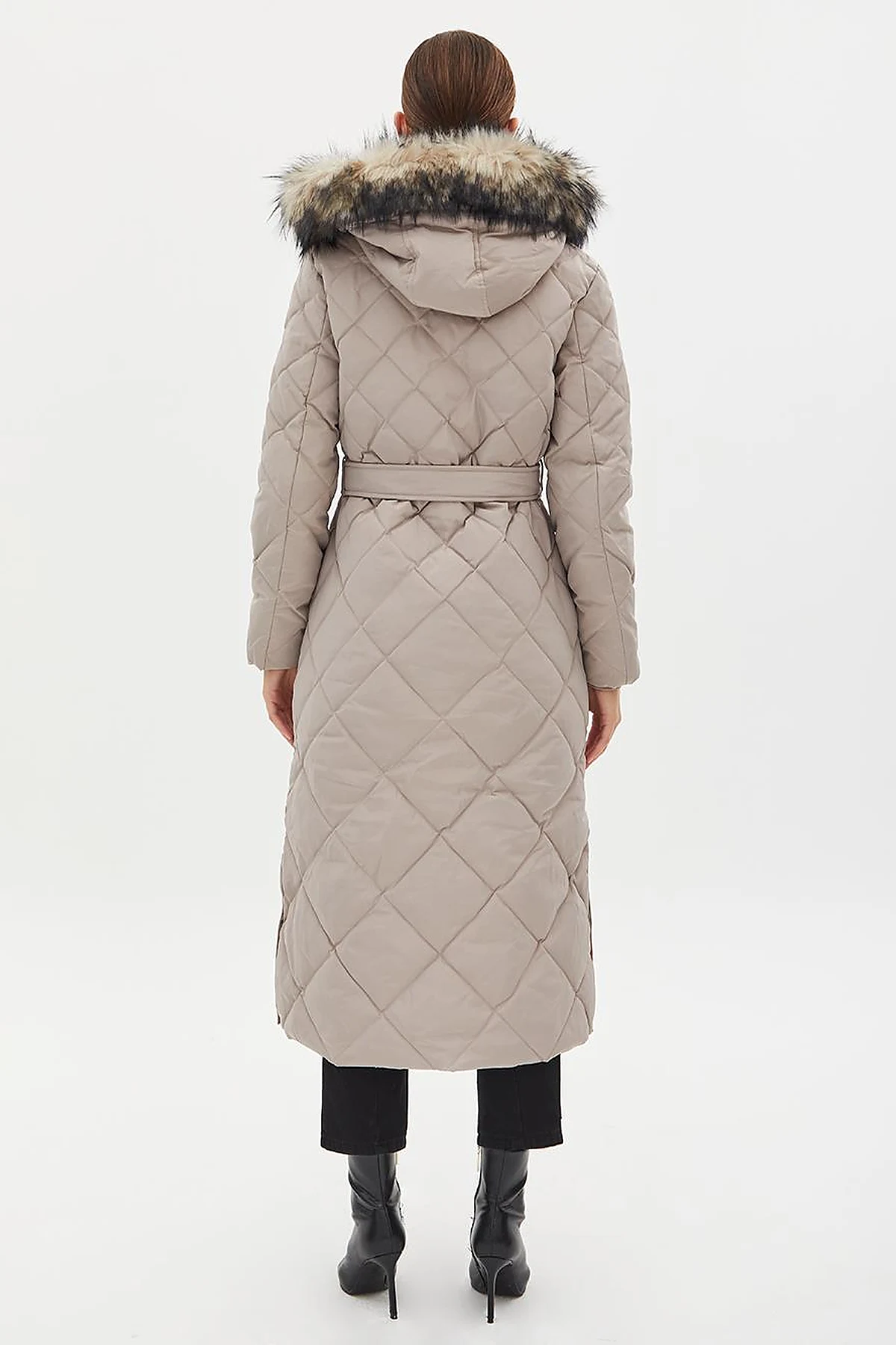 Diamond Patterned Faux Fur Goose Feather Coat Stone